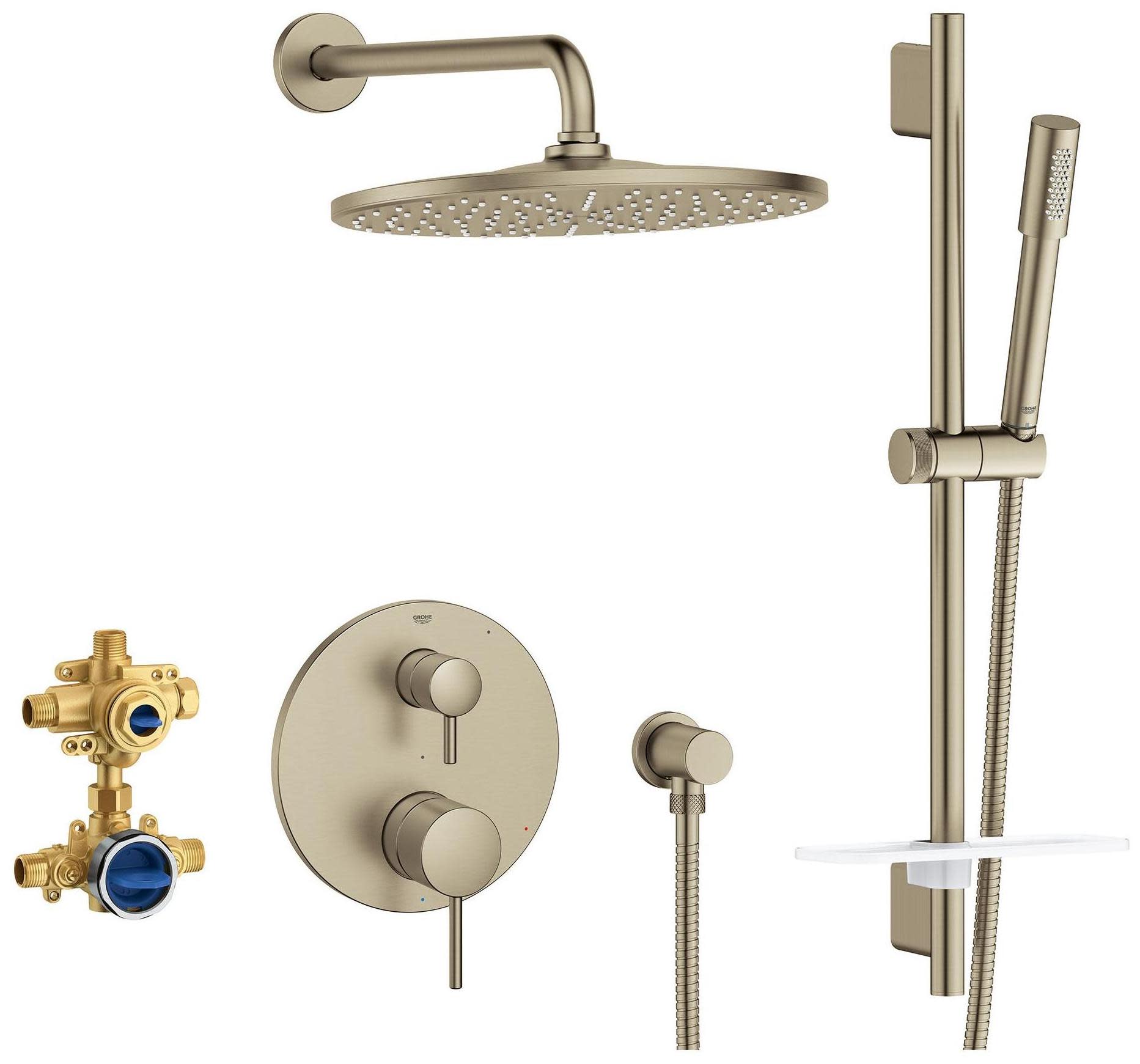 Grohe 29 430 Timeless Pressure Balanced Shower System with Shower Head Hand Shower Slide Bar Shower Arm Hose and Valve Trim Brushed Nickel