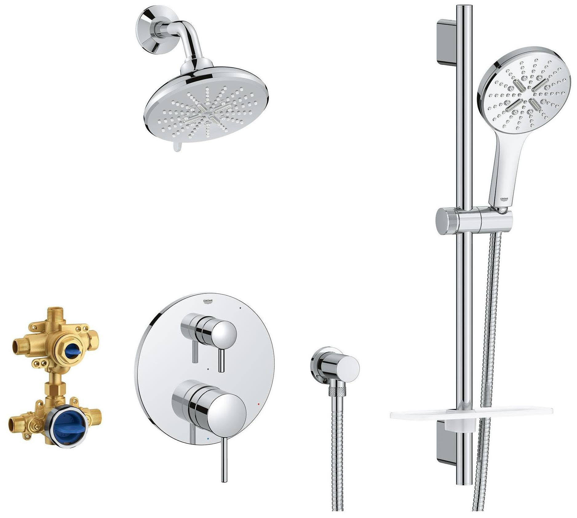 Grohe 29 431 Timeless Pressure Balanced Shower System with Shower Head Hand Shower Slide Bar Shower Arm Hose and Valve Trim Starlight Chrome