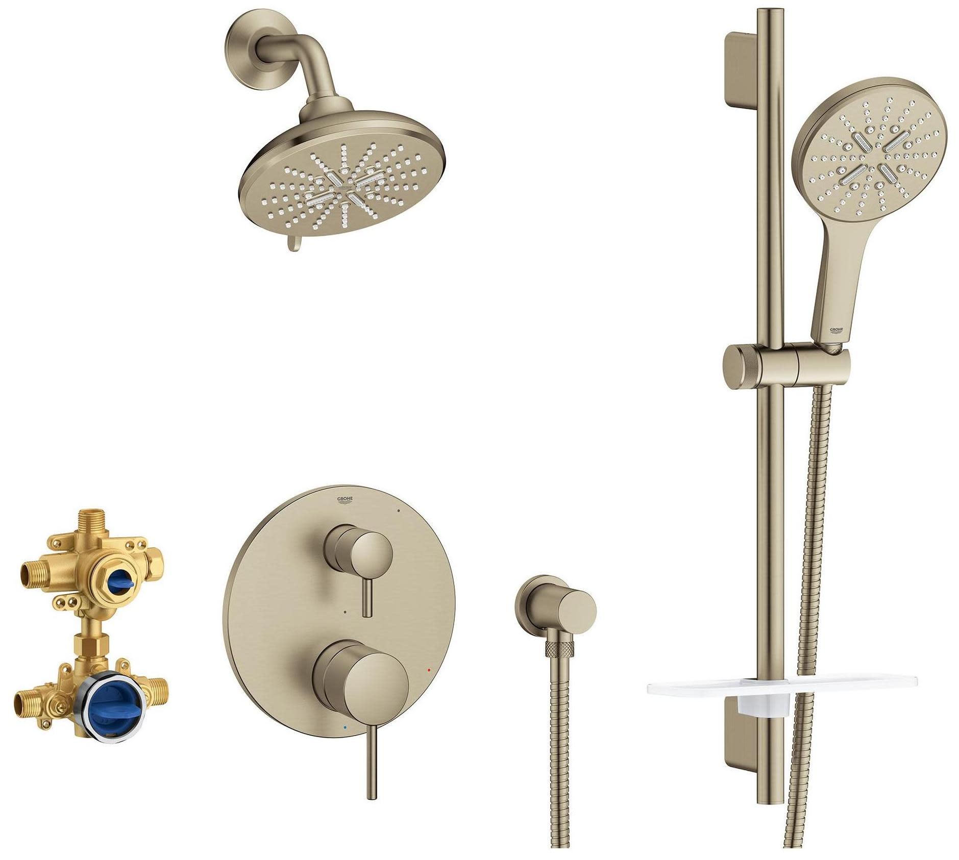 Grohe 29 431 Timeless Pressure Balanced Shower System with Shower Head Hand Shower Slide Bar Shower Arm Hose and Valve Trim Brushed Nickel