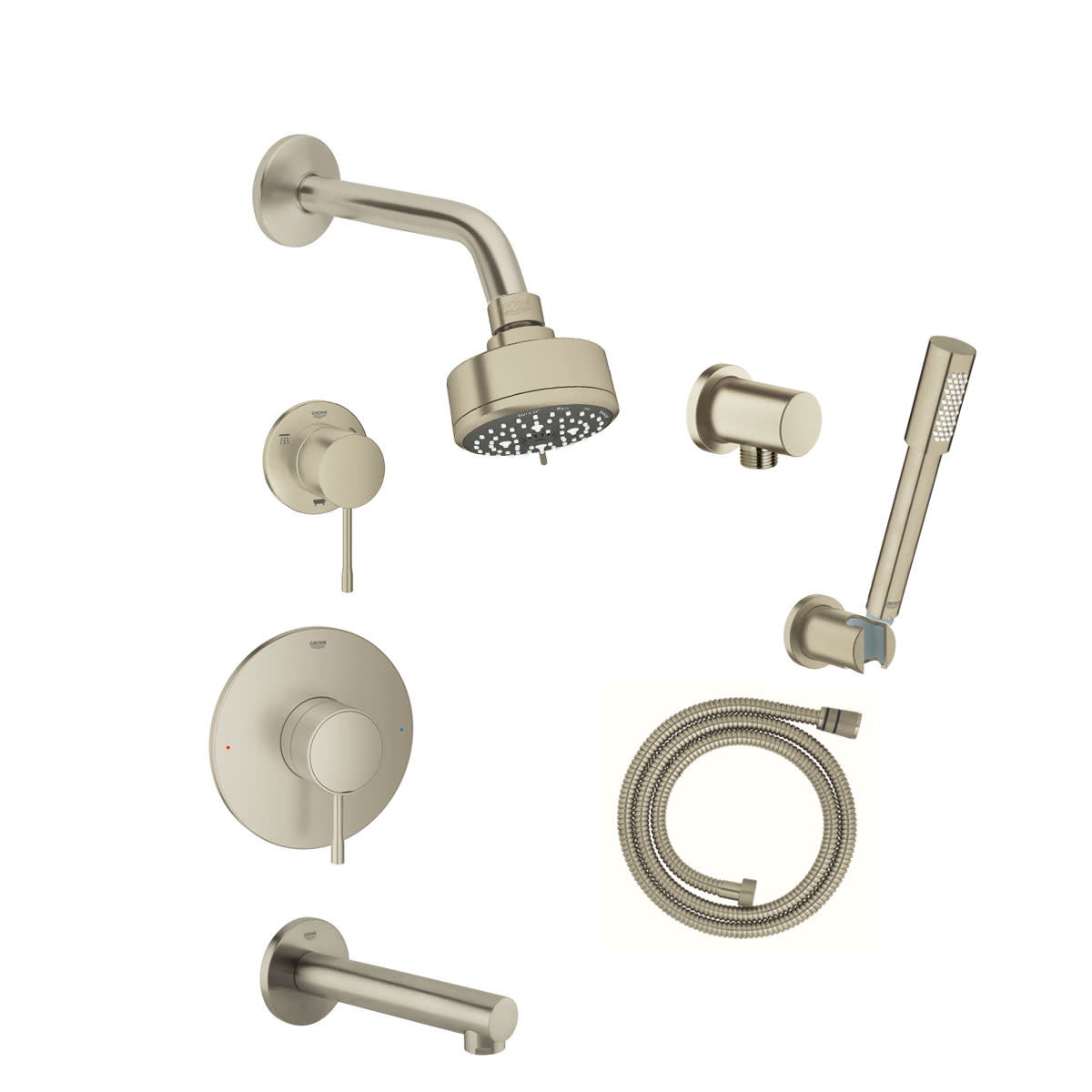 Grohe GSS-Essence-PB-5 Essence Pressure Balanced Shower System with Shower Head Hand Shower Shower Arm and Hose - Valves Included Brushed Nickel