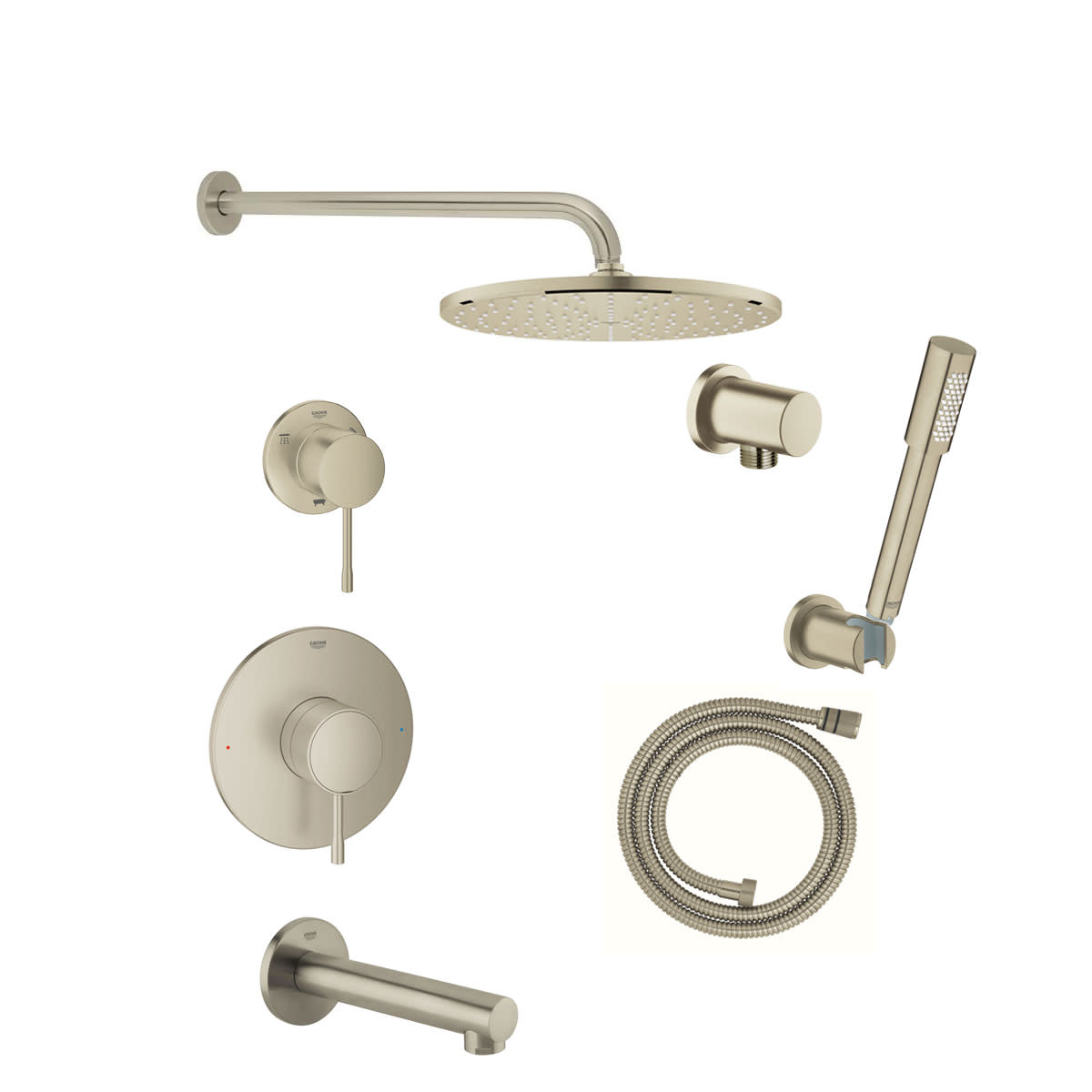 Grohe GSS-Essence-PB-6 Essence Pressure Balanced Shower System with Rain Shower Head Hand Shower Shower Arm and Hose - Valves Included Brushed