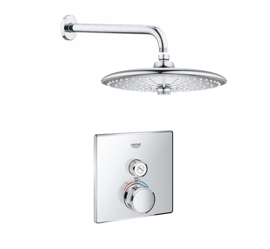 Grohe GSS-Grohtherm-SQ-01 A SmartControl Shower System with Shower Head Shower Arm Valve Trim and Rough In Starlight Chrome Showers Shower Only