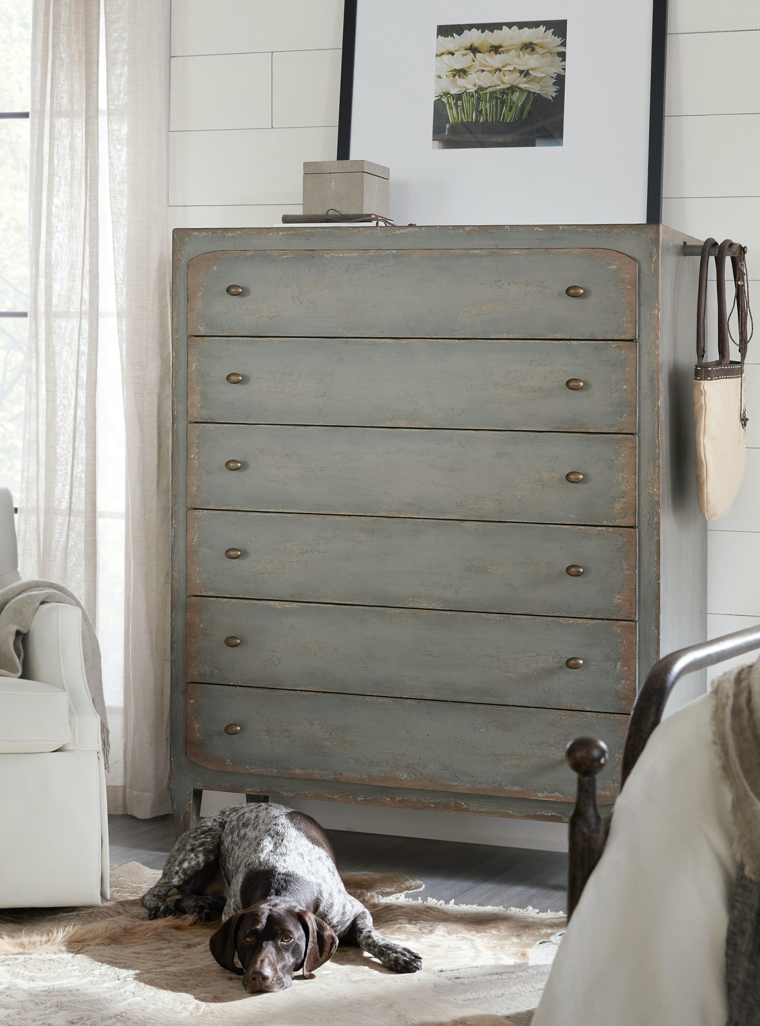 Hooker Furniture 5805-90010 Ciao Bella 45" Wide 6 Drawer European Farmhouse Tower Dresser Time Worn Gray Indoor Furniture Storage Dresser