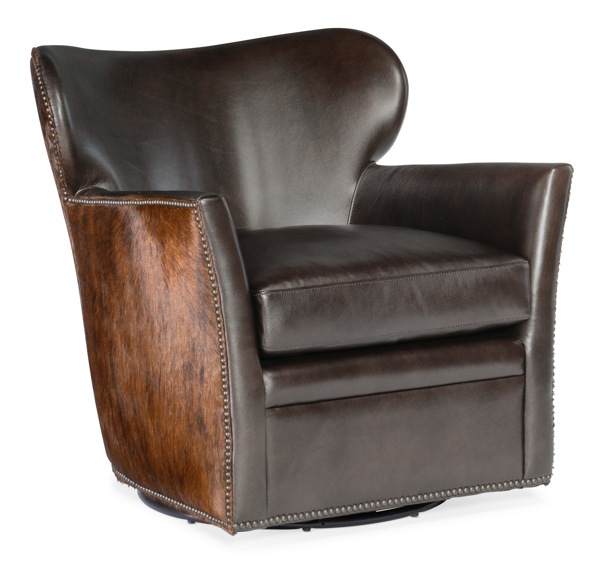 Hooker Furniture CC469-SW-089 Kato Western 29" Wide Aniline Top Grain Leather Upholstered Living Room Swivel Arm Chair with Cow Hair on Hide Back