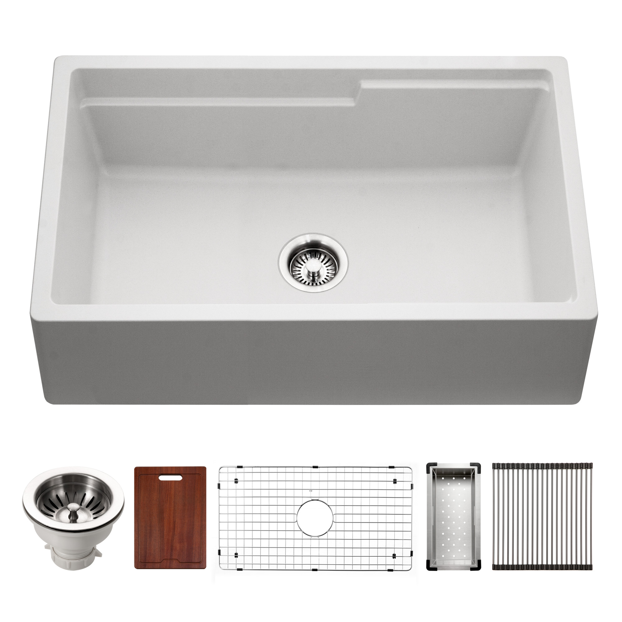 Photos - Kitchen Sink Granite Houzer W-133-C Quartztone 33" Farmhouse Single Basin Composite with Basin Rack Basket Strainer and Cutt