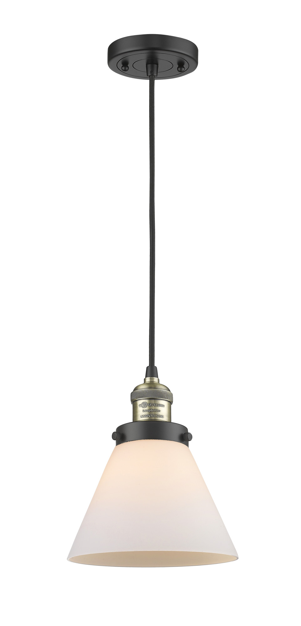 Photos - Chandelier / Lamp Wide Innovations Lighting 201C Large Cone Large Cone 8"  Mini Pendant - Cord Suspension Black Antique Brass / Matte White Cas 