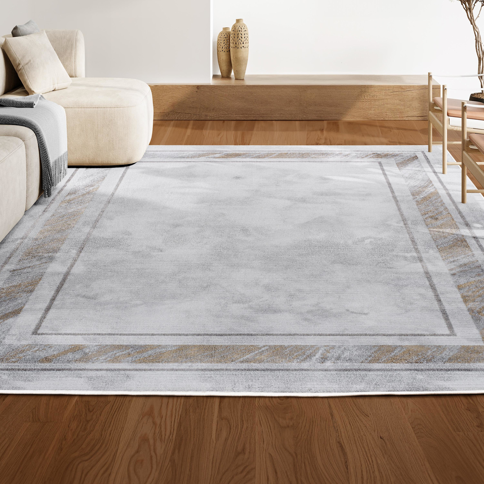 Photos - Area Rug Border JONATHAN Y Lighting CAR102-8 Athens 7-3/4' x 10'  Solid and Striped Indoor Rectangular  Silver / Gold Home Dec 