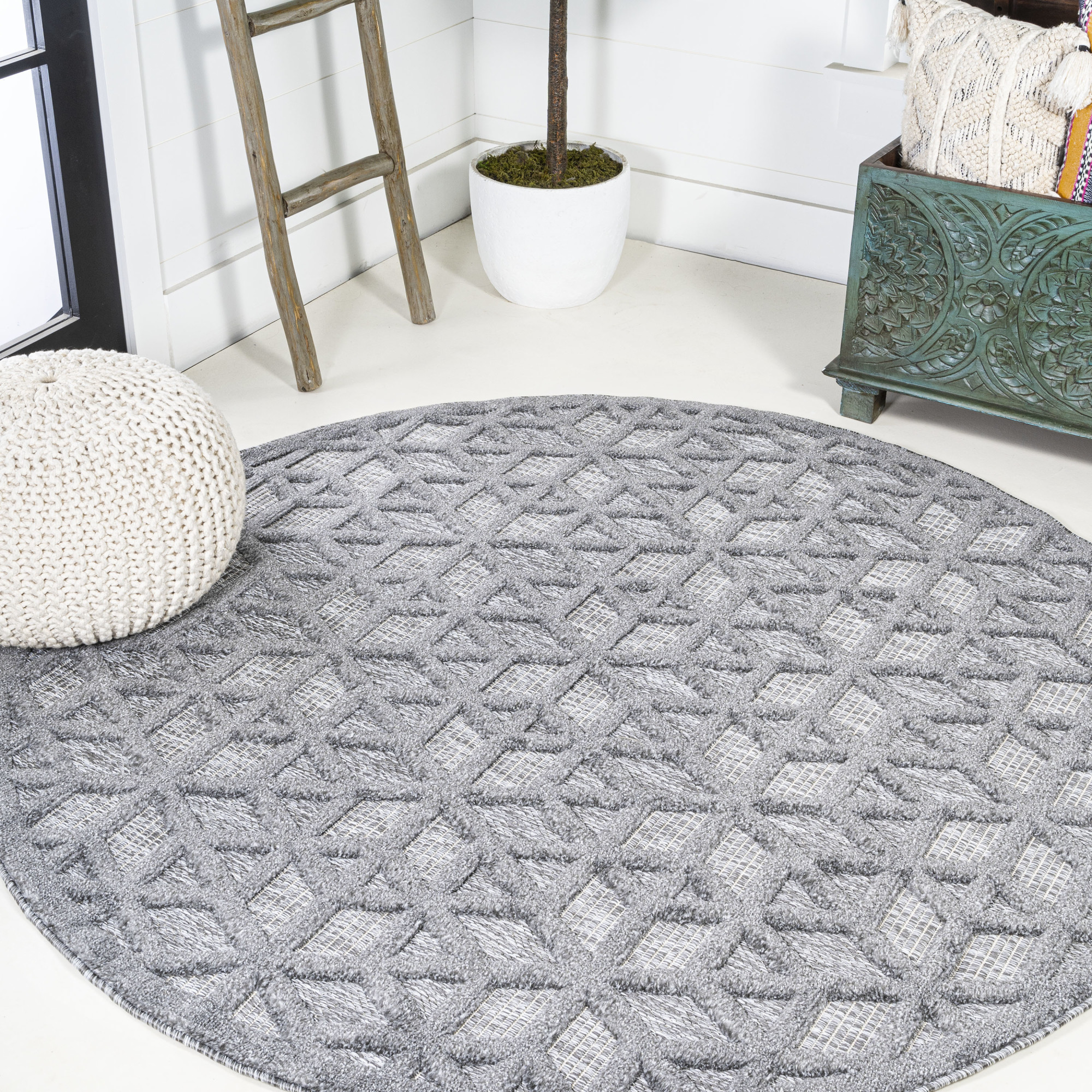 Photos - Area Rug Ibiza JONATHAN Y Lighting IBZ102A-5R  5-1/4' x 5-1/4' Polypropylene Geometric Indoor / Outdoor Round  Dark Gray Home 