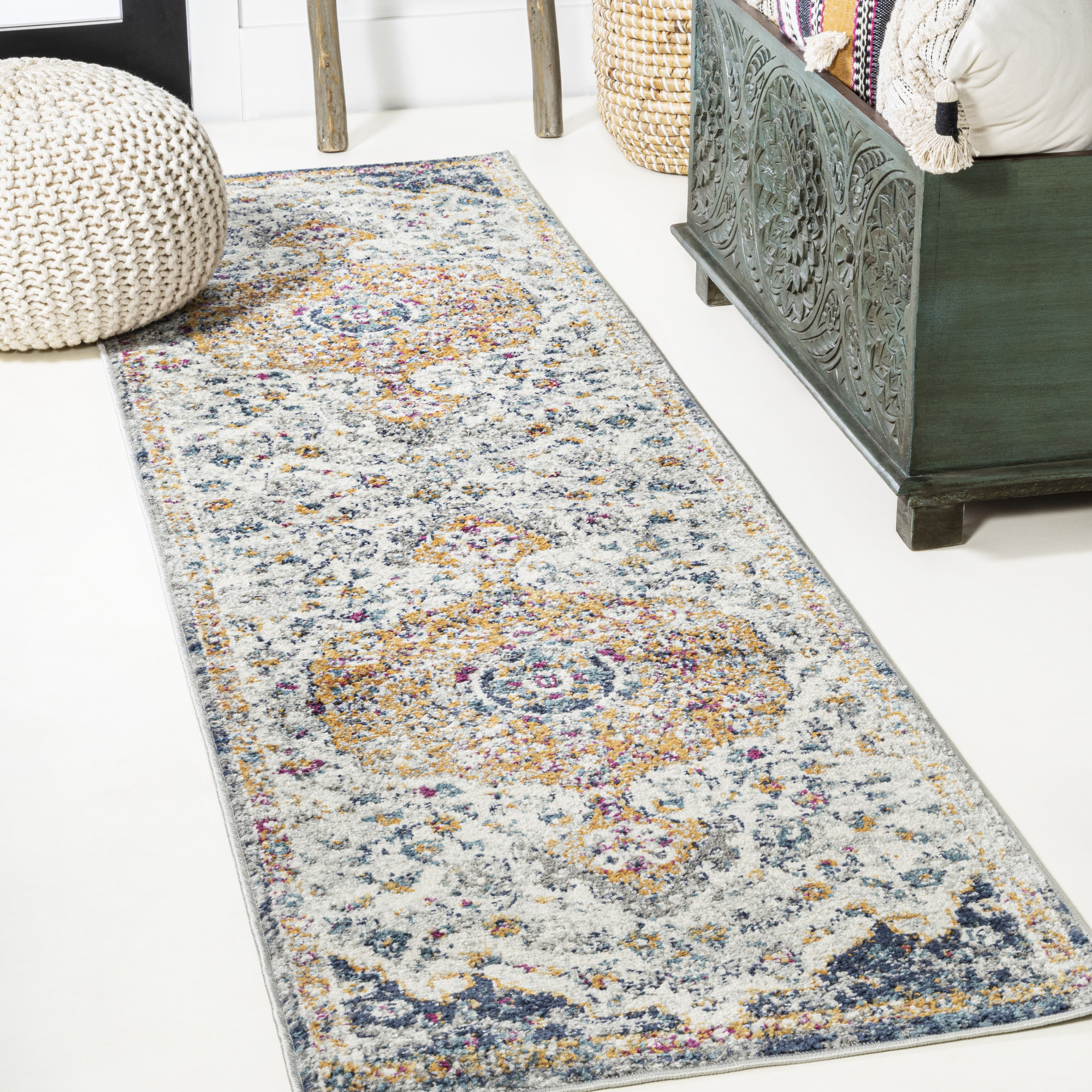 Photos - Area Rug Modern JONATHAN Y Lighting MDP211A-28  Persian 2-1/4' x 8' Polypropylene Traditional Rectangle  Light Gray / Dark Blu 