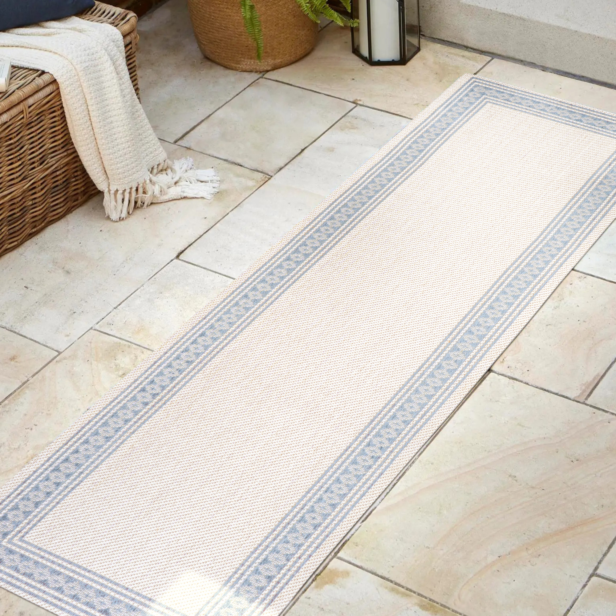 Photos - Area Rug SanTa JONATHAN Y Lighting SMB207-28  Monica 2' x 8' Polypropylene Border Indoor/Outdoor Runner Cream / Blue Home Decor Rugs R 