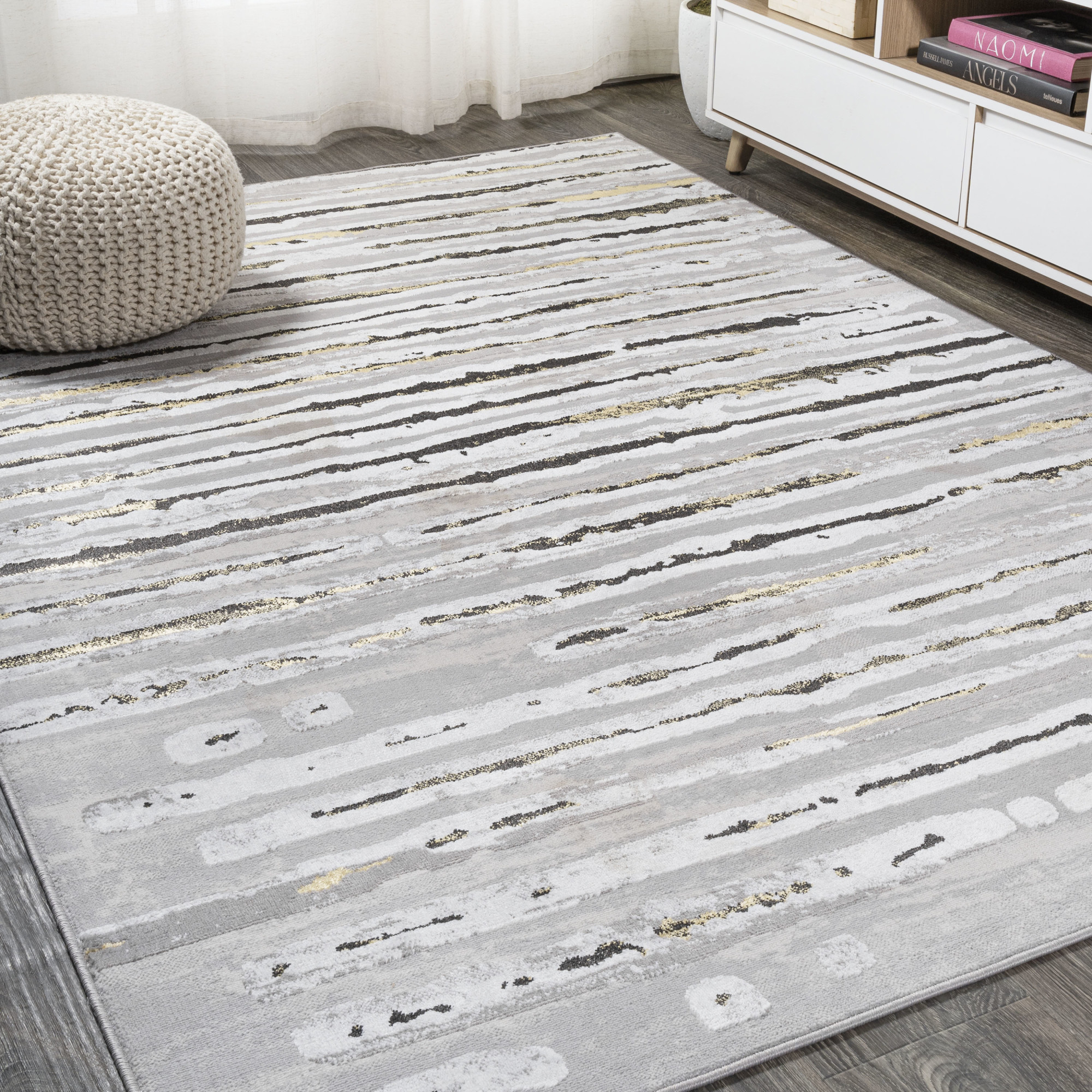 Photos - Area Rug Silk JONATHAN Y Lighting SOR204-4  Orchid 4' x 6' Polypropylene Solid and Striped Indoor  Gray / Black Home Decor Rug 