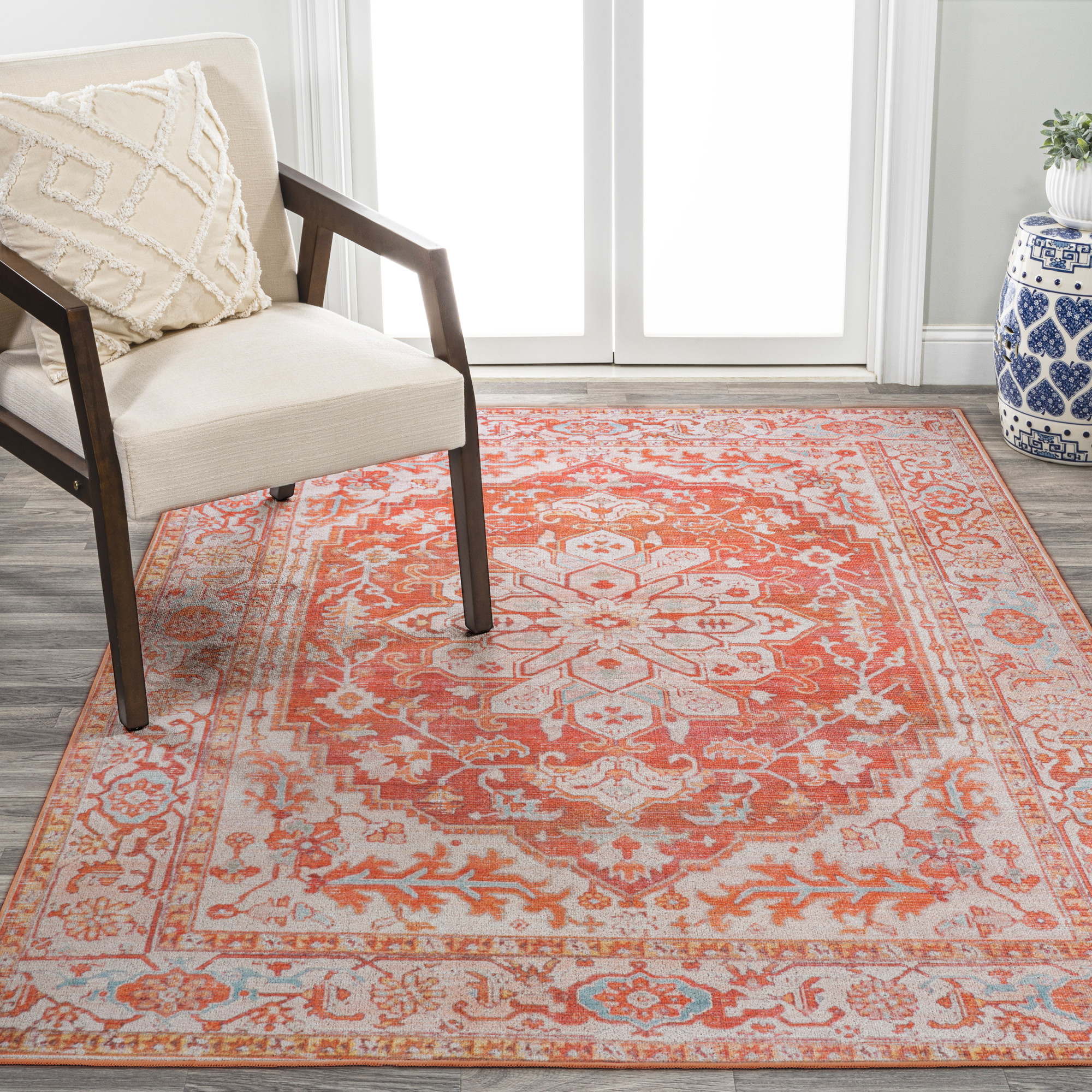 Photos - Area Rug Border JONATHAN Y Lighting WSH108-9 Washable 9' x 12' Polypropylene  Indoor Rectangular  Orange / Cream Home Decor Ru 