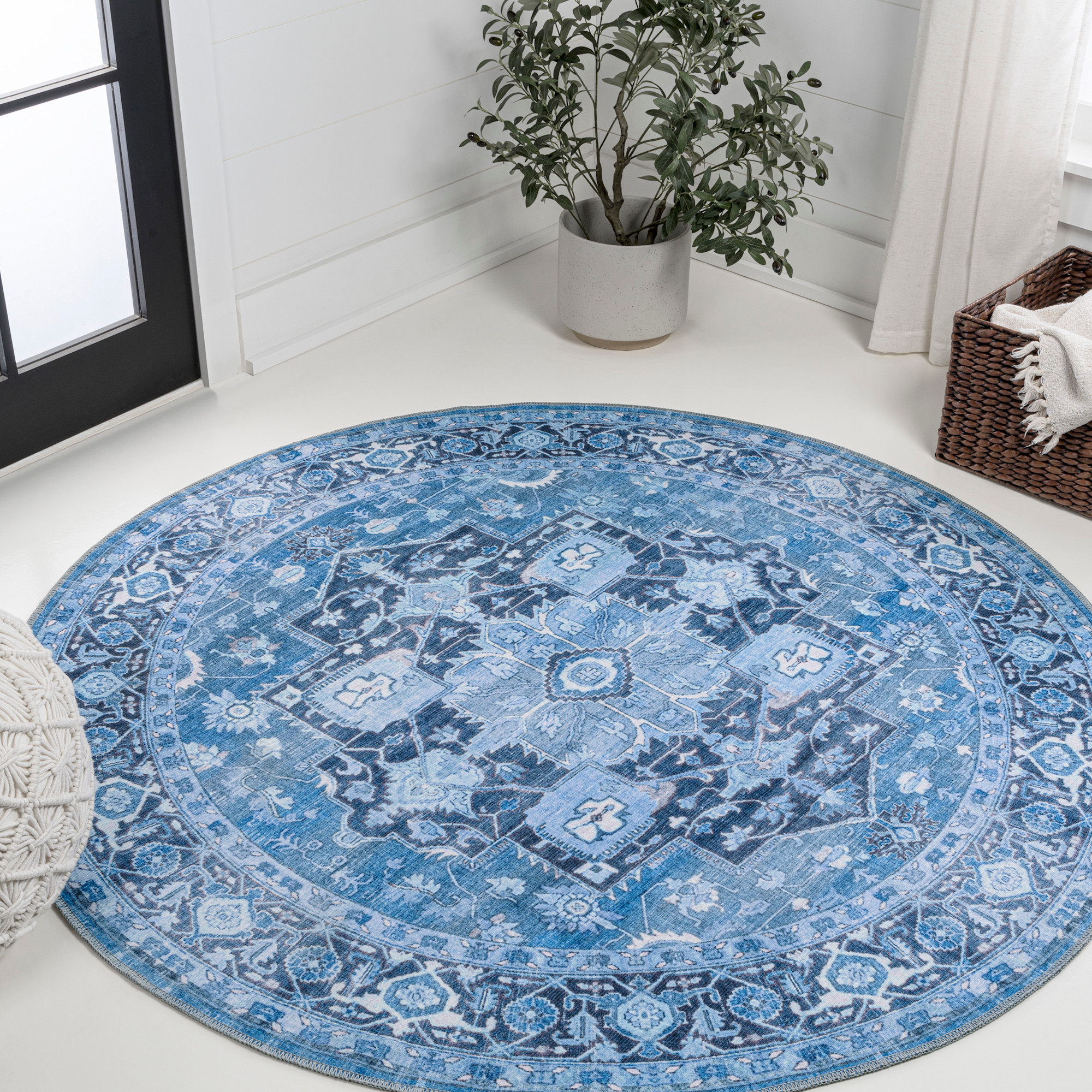 Photos - Area Rug Border JONATHAN Y Lighting WSH109-8R Washable 7-3/4' x 7-3/4'  Indoor Round  Blue / Navy Home Decor Rugs s WS 