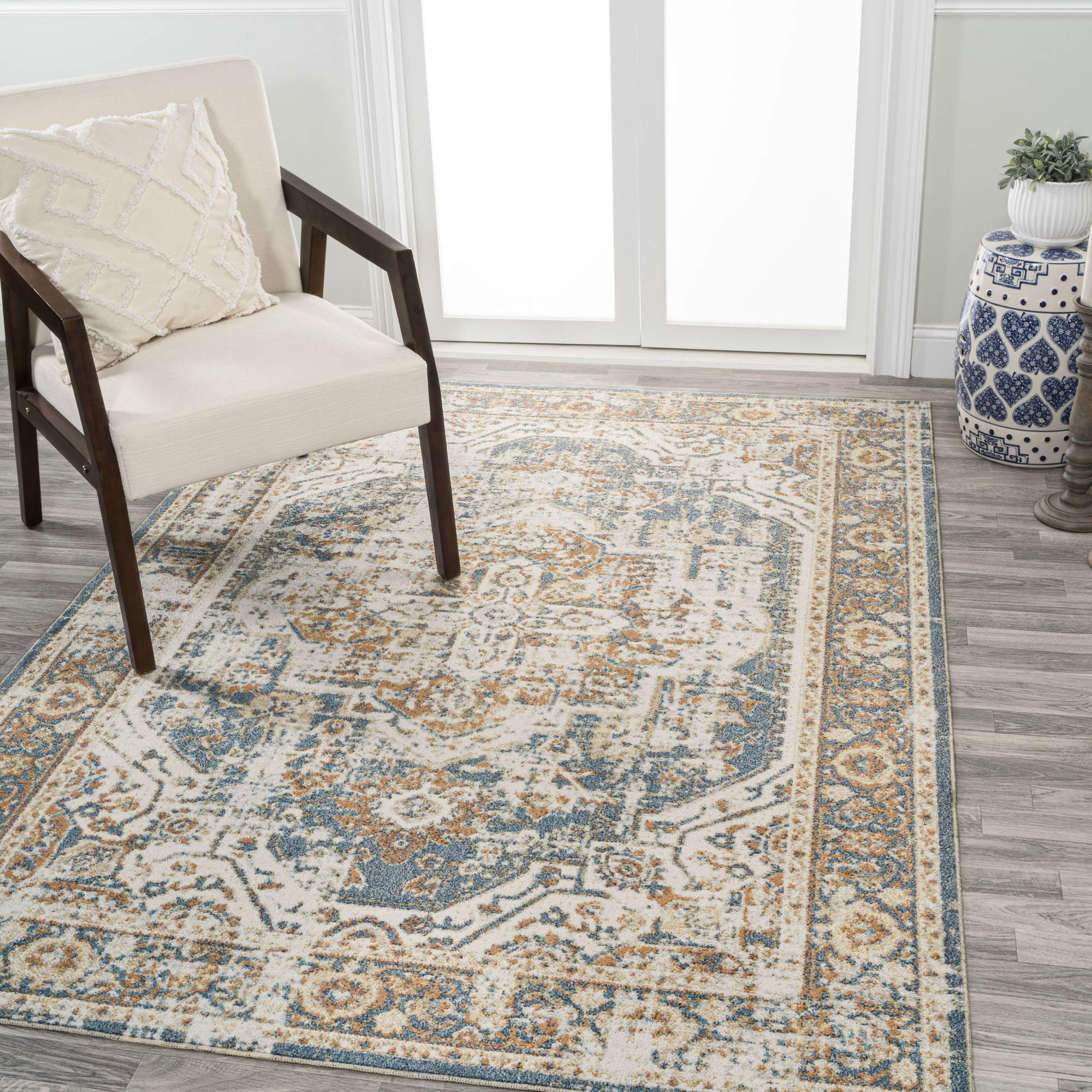 Photos - Area Rug Border JONATHAN Y Lighting WSH316-4 Washable 4' x 6' Polyester  and Traditional Indoor Rectangular  Blue / Cream Home 