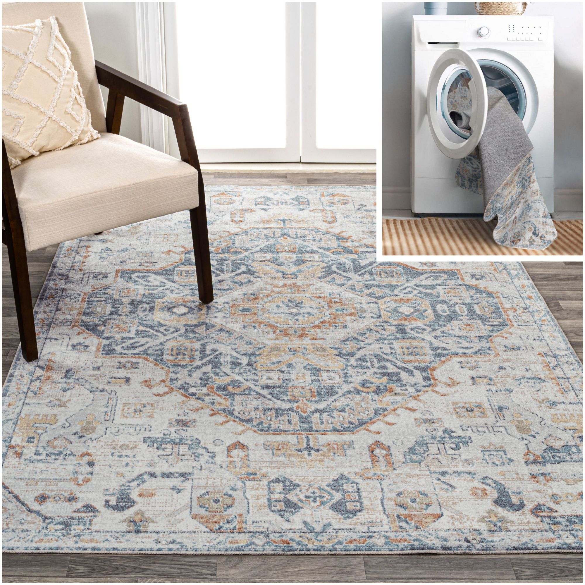 Photos - Area Rug JONATHAN Y Lighting WSH320-5 Washable 5-1/4' x 7-1/2' Polyester Border and Traditional Indoor Rectangular  Cream / B