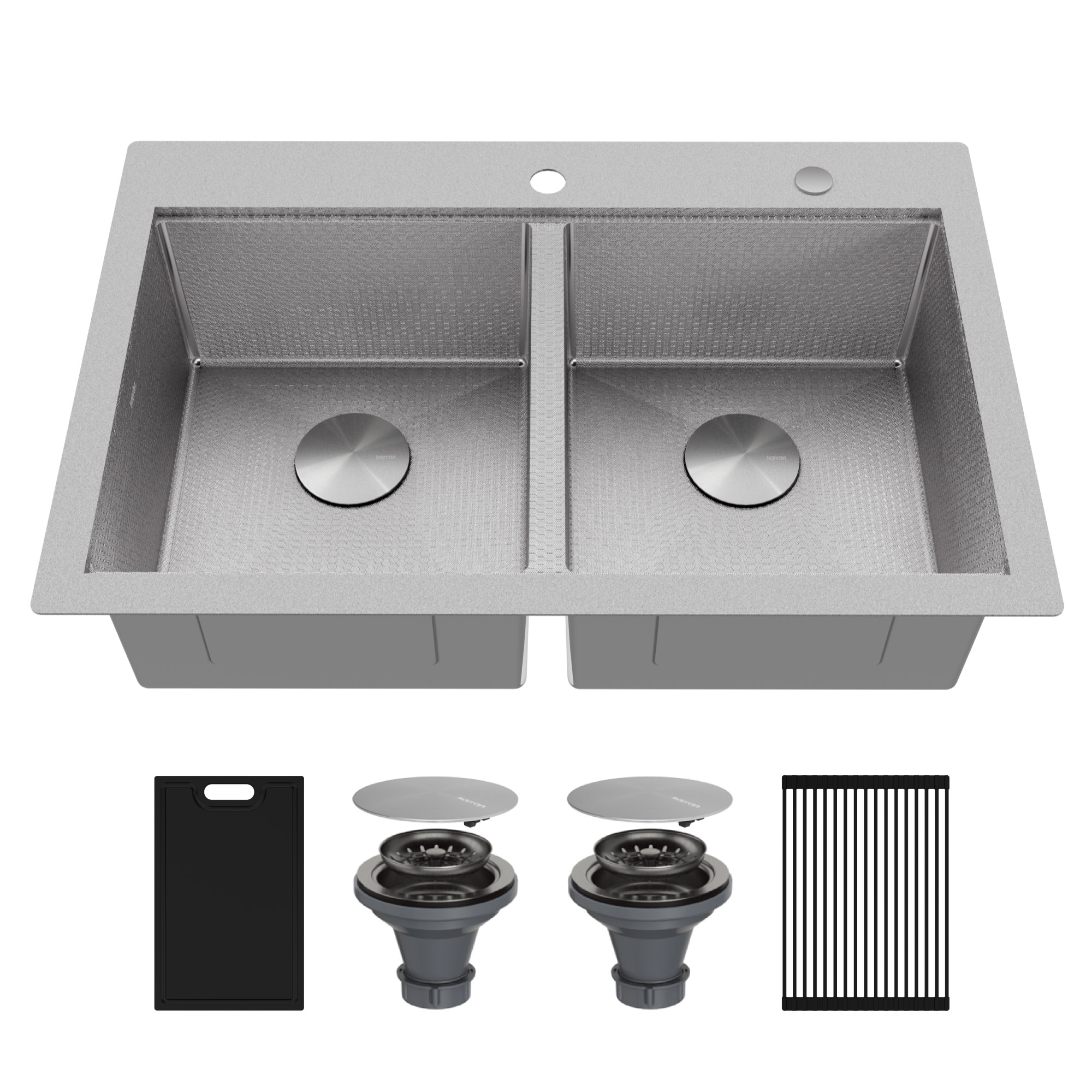 Photos - Kitchen Sink Matrix Karran USA HST3322DB  33" Drop In Double Basin Stainless Steel  with Basket Strainer and Cutting Board Sta 