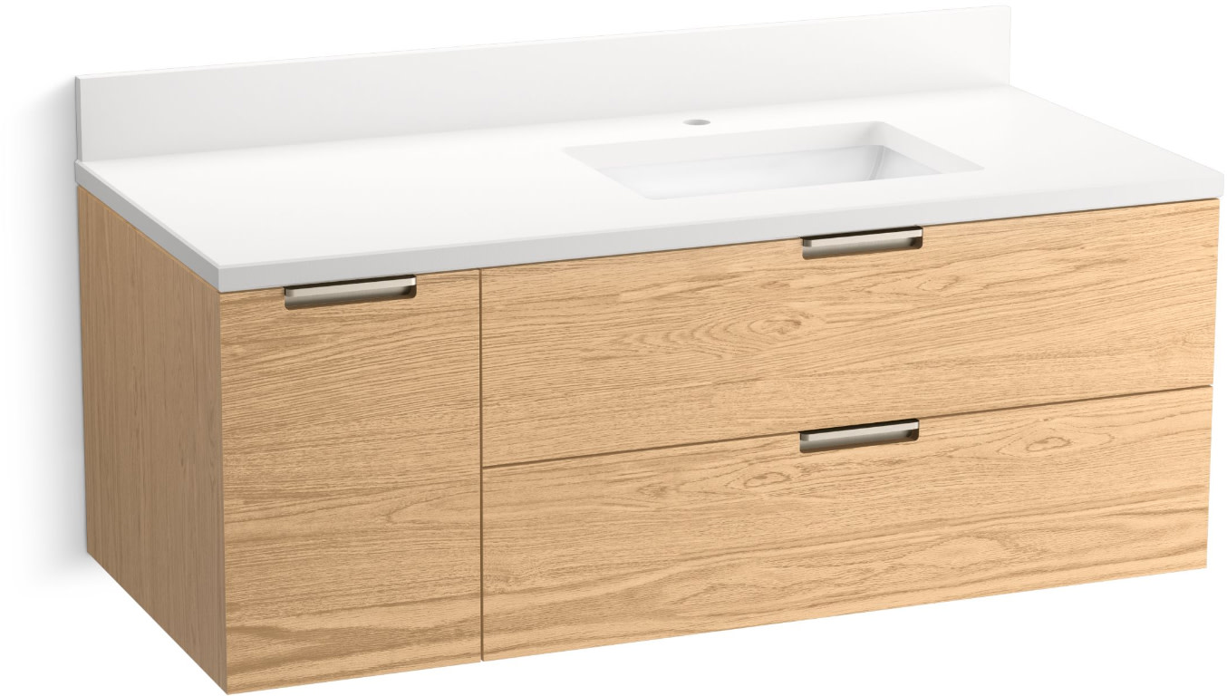 Kohler K-34656 Maxstow 48" Wall-Hung Bathroom Vanity Cabinet with Sink and Quartz Top Light Oak Bathroom Storage Vanity Sets Single