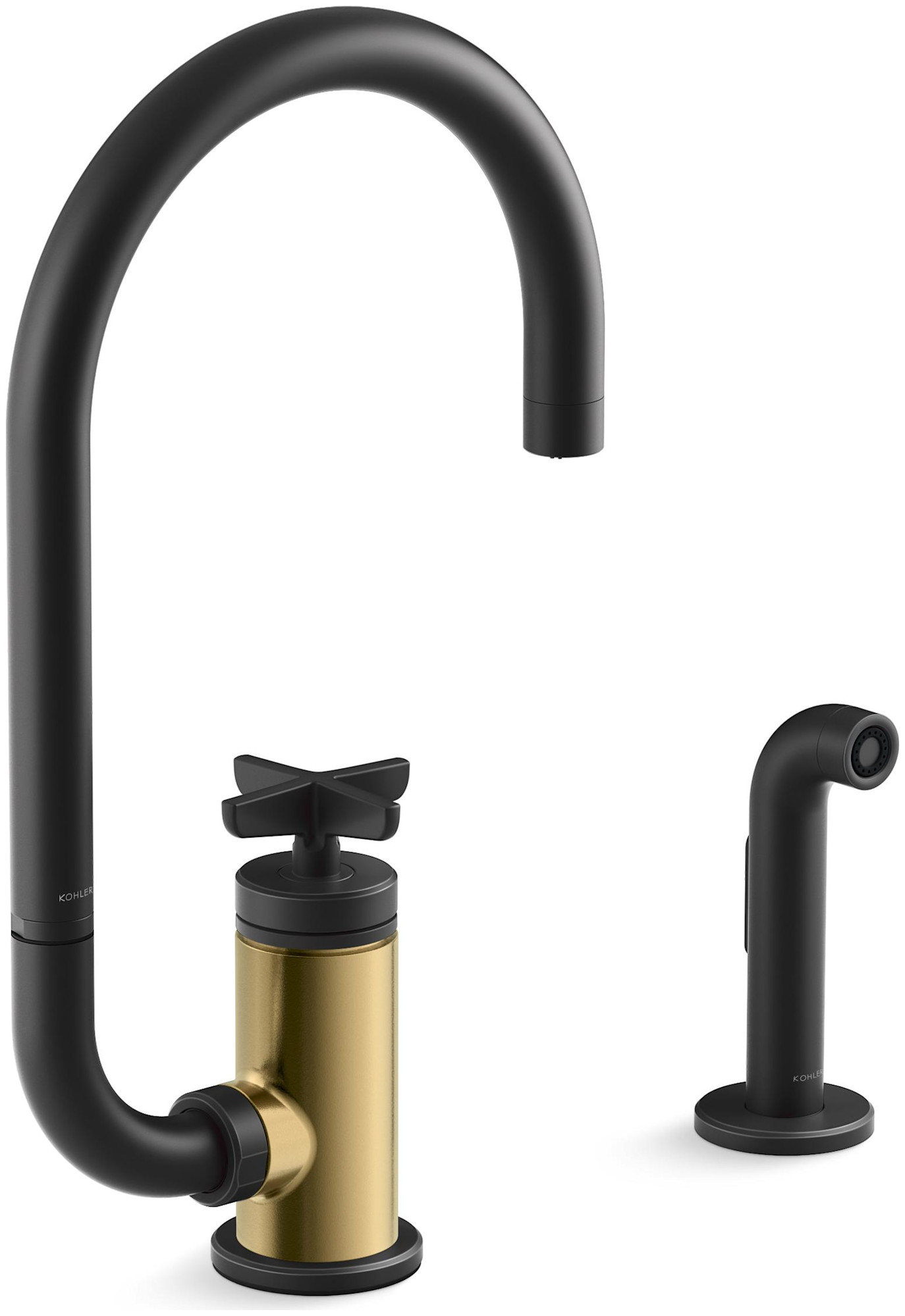 Kohler K-28675-3 Billet 1.5 GPM Single Hole Kitchen Faucet - Includes Side Spray and Single Cross Handle Matte Black with Brushed Moderne Brass Faucet