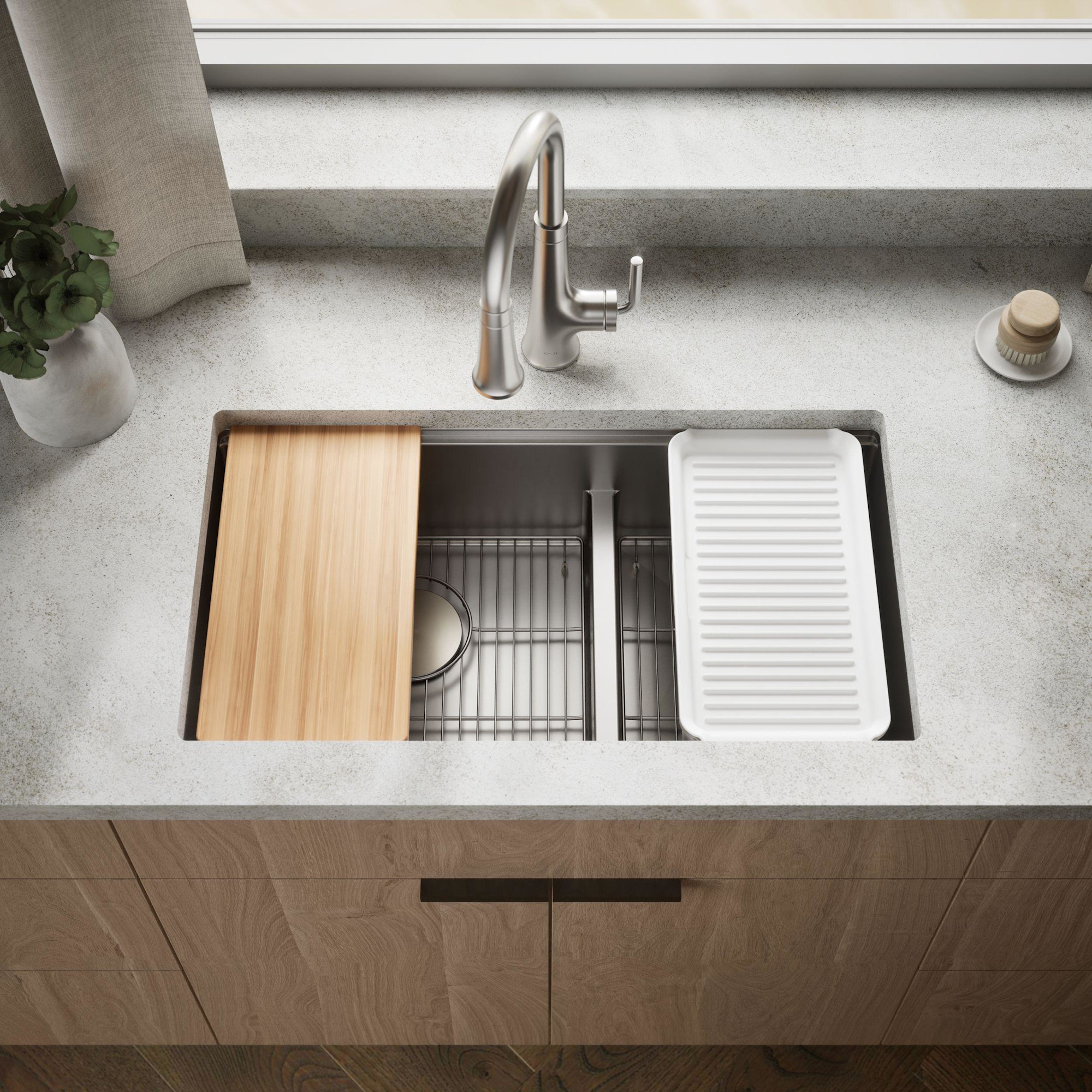Photos - Kitchen Sink Kohler K-33664-PC Strive 32" Undermount Double Basin Stainless Steel  with Colander Cutting Board and Drain Boar 