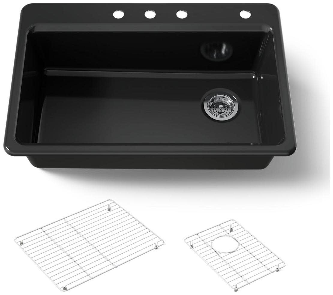 Kohler K-5871-4A1 Riverby 33" Drop In Single Basin Cast Iron Kitchen Sink with Two Basin Racks and Five Predrilled Holes Black Black Sinks Kitchen