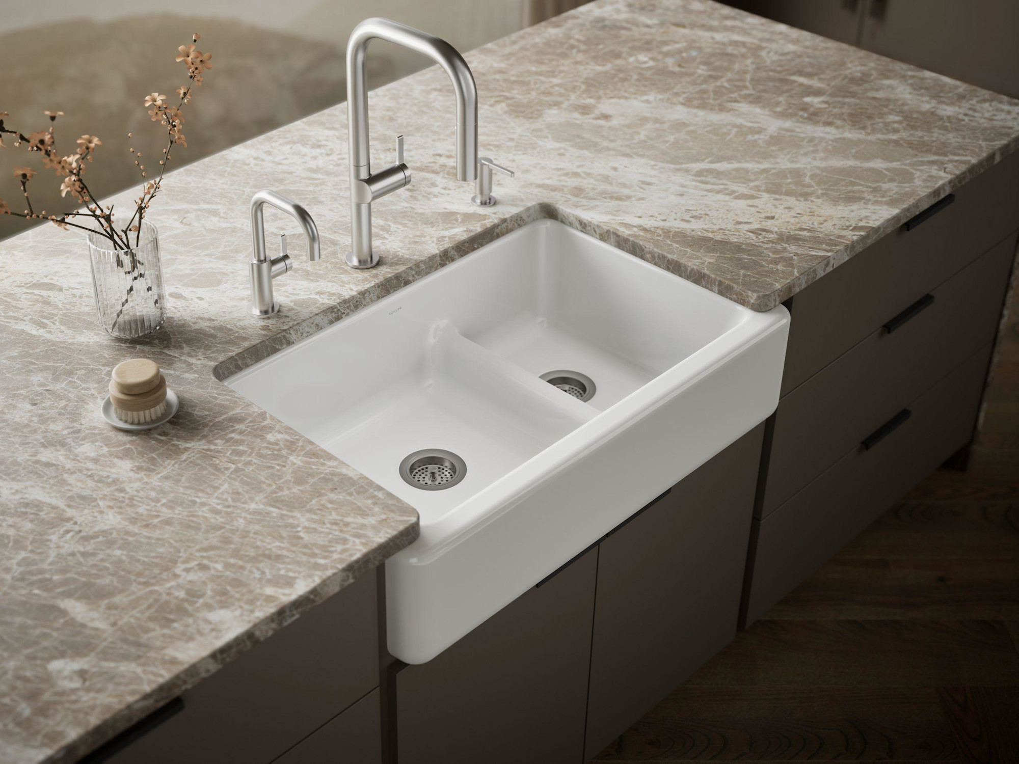 Photos - Kitchen Sink Kohler K-6427 Whitehaven 35-11/16" Self-Trimming Farmhouse Double Basin Apron Front Enameled Cast Iron  with Sma 