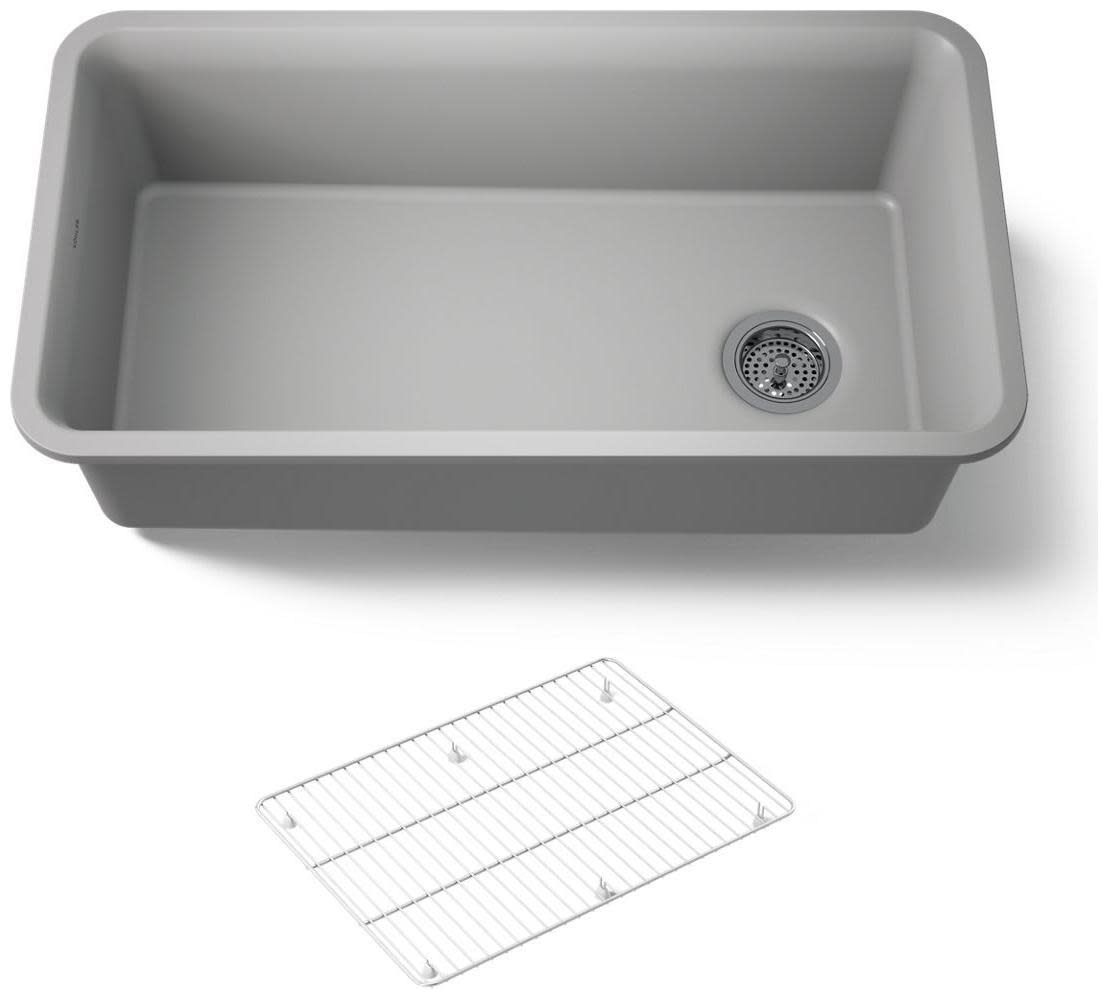 Photos - Kitchen Sink Kohler K-8206 Cairn 33-1/2" Undermount Single Bowl Neoroc Quartz Composite  with Bottom Sink Rack Matte Grey Sin 