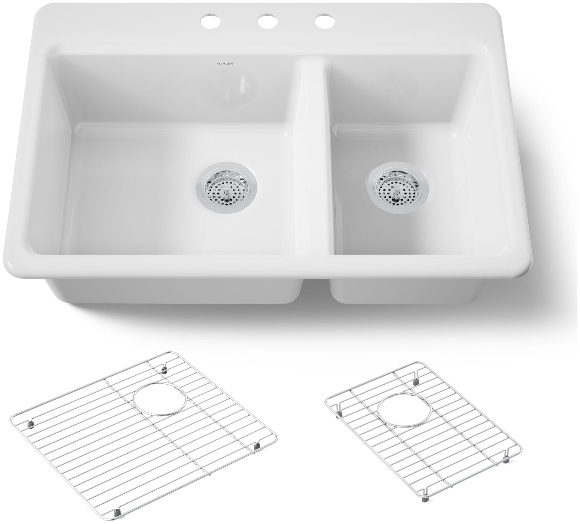 Kohler K-8669-3A1 Riverby 33" Drop In Double Basin Cast Iron Kitchen Sink with Basin Rack and Three Predrilled Faucet Holes White Sinks Kitchen Sinks