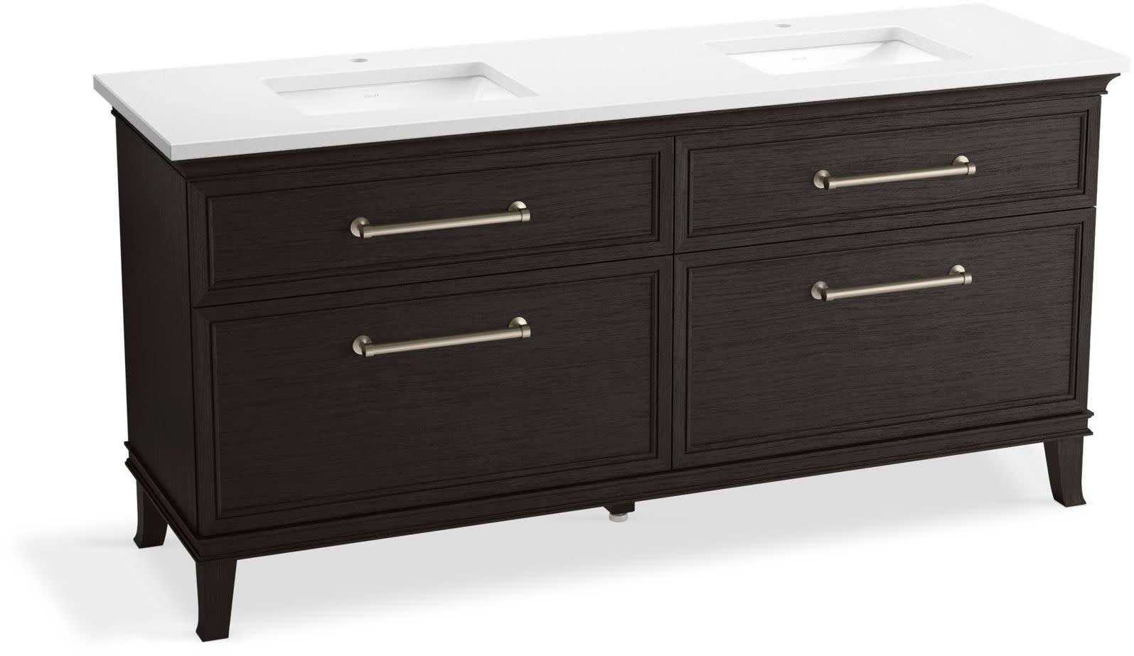 Kohler K-CM29482-BD6-WN Artifacts 73" Free Standing Double Basin Vanity Set with Cabinet and Quartz Vanity Top Carbon Oak Bathroom Storage Vanity Sets