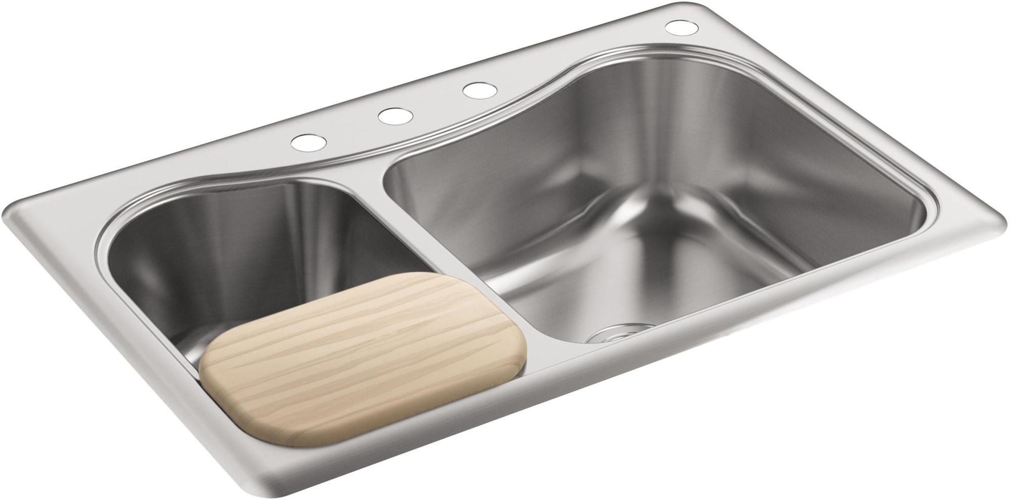 Kohler K-3361-4 Staccato 33" Double Basin Drop In 18-Gauge Stainless Steel Kitchen Sink with SilentShield Cutting Board and Four Faucet Holes