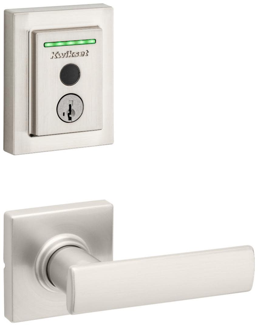 Kwikset 200BRNLSQT-959CNTFPRT-S Breton Passage Lever Set and Electronic Keyless Entry Deadbolt Combo Pack with SmartKey from the Halo Collection Satin