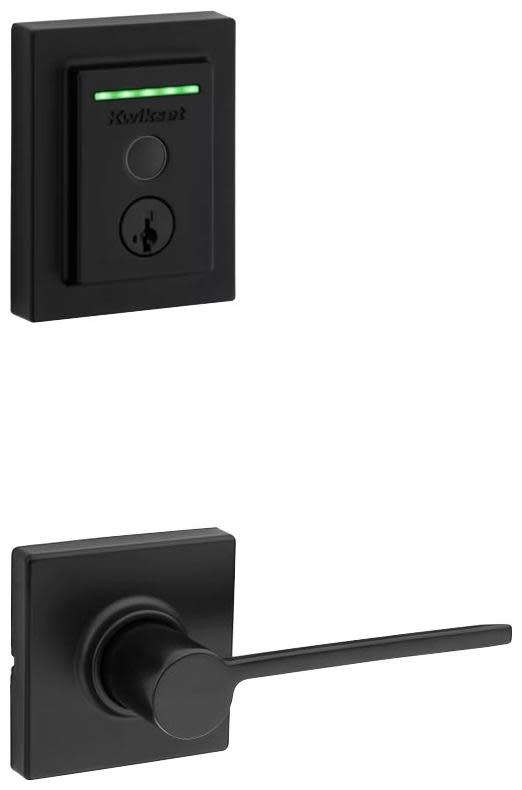 Kwikset 200LRLSQT-959CNTFPRT-S Ladera Passage Lever and 959 Fingerprint Contemporary Halo WiFi Enabled Deadbolt Combo Pack with SmartKey Matte Black