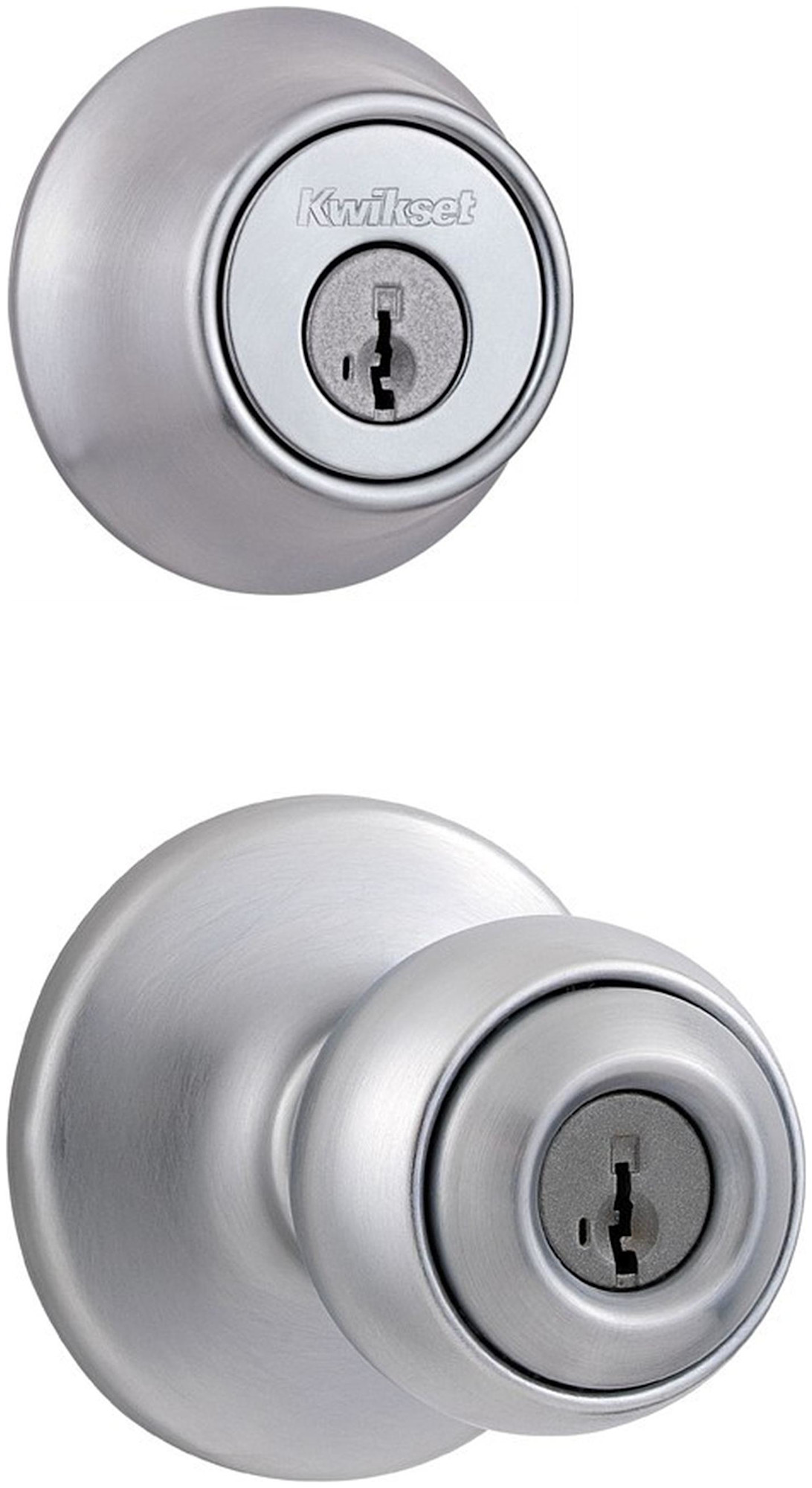 Kwikset 400P-660-S Polo (Round Rosette) Knob and 660 Deadbolt Combo Pack with SmartKey Satin Chrome Door Hardware Door Knob Combo Packs Keyed Entry