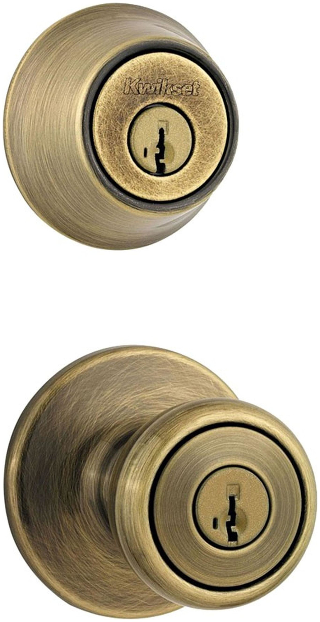 Kwikset 400T-660-S Tylo (Round Rosette) Knob and 660 Deadbolt Combo Pack with SmartKey Antique Brass Door Hardware Door Knob Combo Packs Keyed Entry