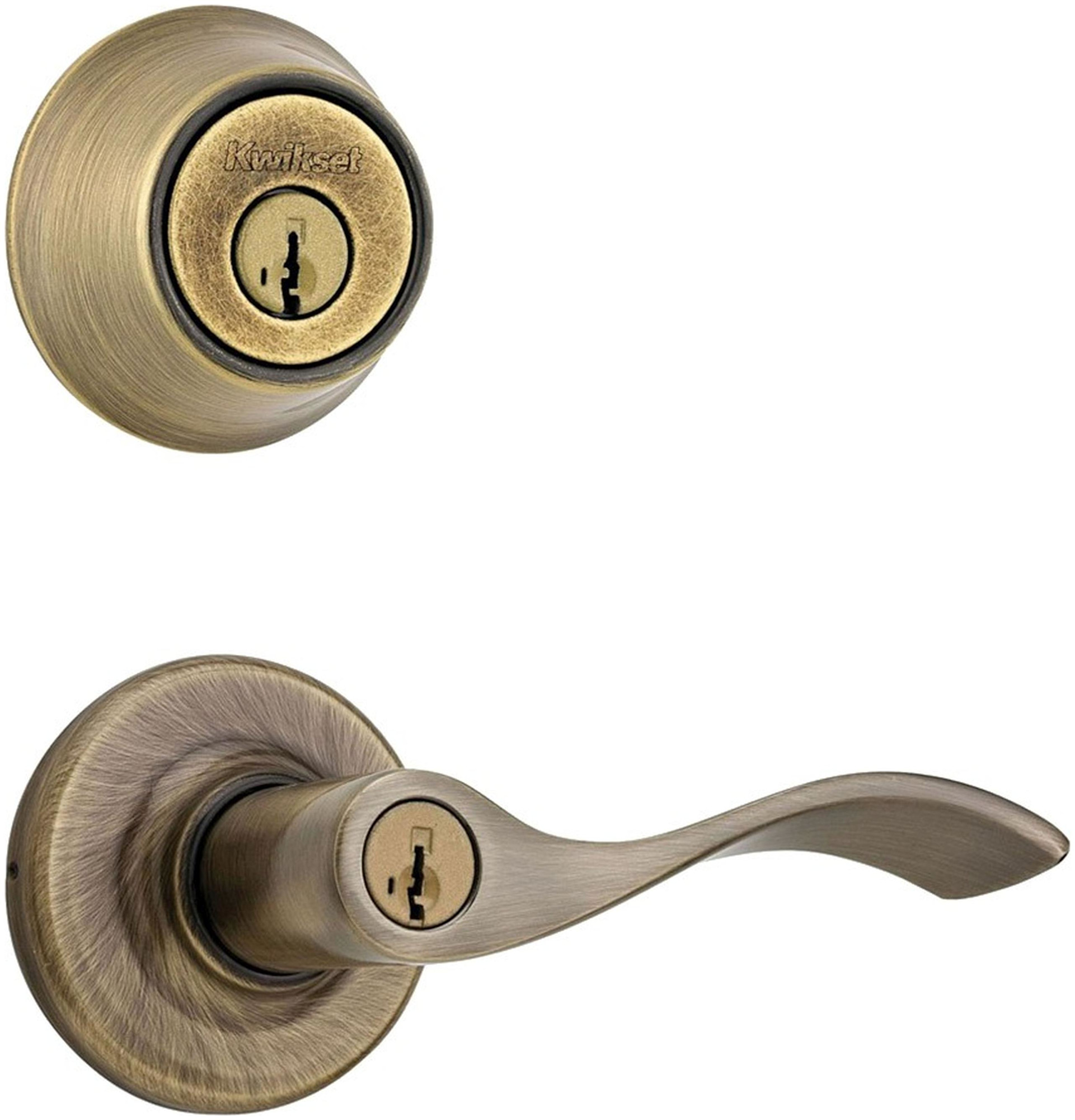 Kwikset 405BL-660-S Balboa (Round Rosette) Lever and 660 Deadbolt Combo Pack with SmartKey Antique Brass Door Hardware Door Lever Combo Packs Keyed