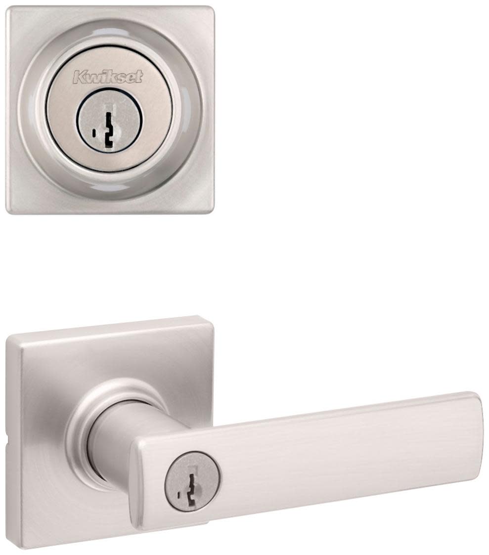 Kwikset 405BRNLSQT-660SQT-S Breton Single Cylinder Keyed Entry Lever Set and Deadbolt Combo with SmartKey from the Signature Series Satin Nickel Door