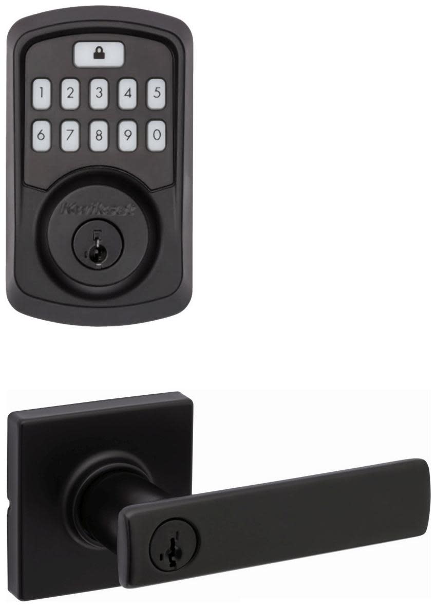 Kwikset 405BRNLSQT-942BLE-S Breton Single Cylinder Keyed Entry Lever Set and Electronic Keyless Entry Deadbolt Combo Pack with SmartKey from the Aura