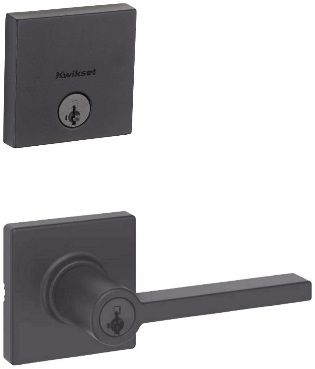 Kwikset 405CSLSQT-258SQT-S Casey Single Cylinder Keyed Entry Lever Set and Deadbolt Combo with SmartKey from the Downtown Collection Matte Black Door