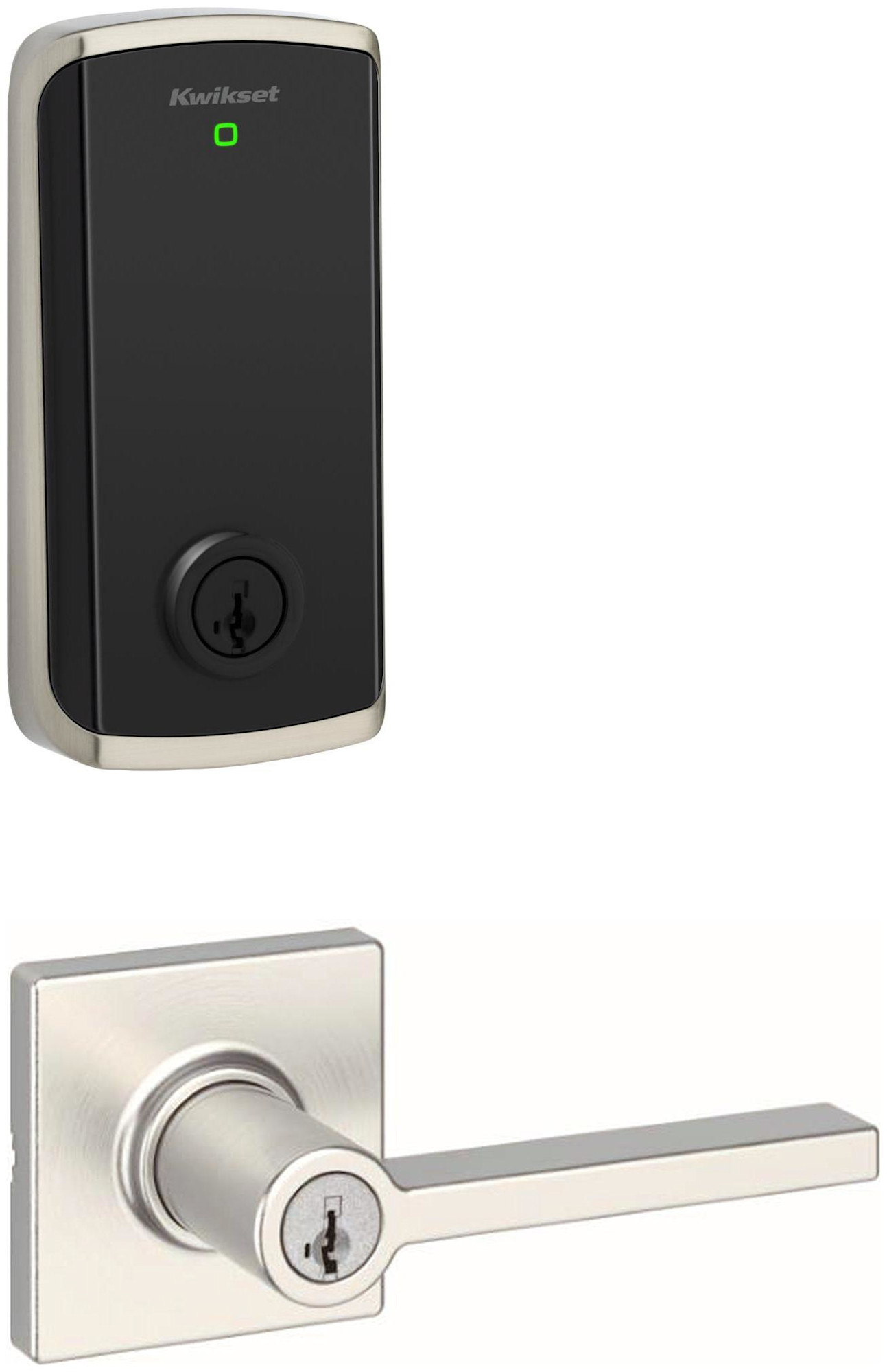 Kwikset 405CSLSQT-9800WIFI-S Casey Single Cylinder Lever Set and Halo Electronic Touchscreen Deadbolt Combo Pack with SmartKey Satin Nickel Door