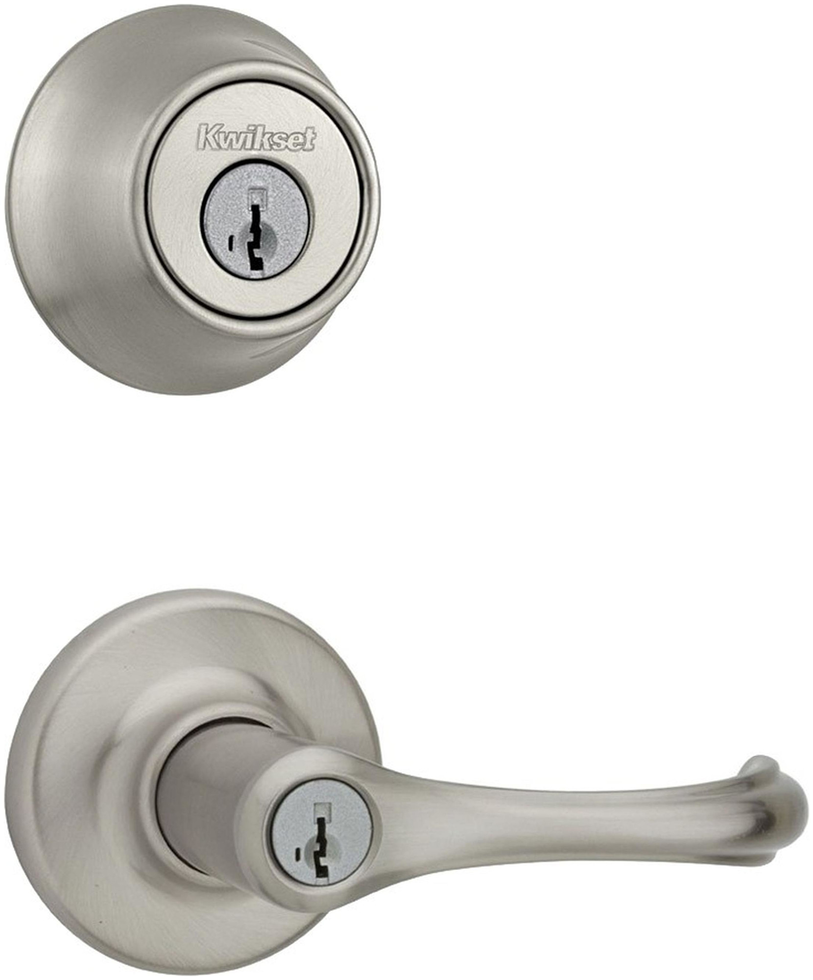 Kwikset 405DNL-660-S Dorian (Round Rosette) Lever and 660 Deadbolt Combo Pack with SmartKey Satin Nickel Door Hardware Door Lever Combo Packs Keyed