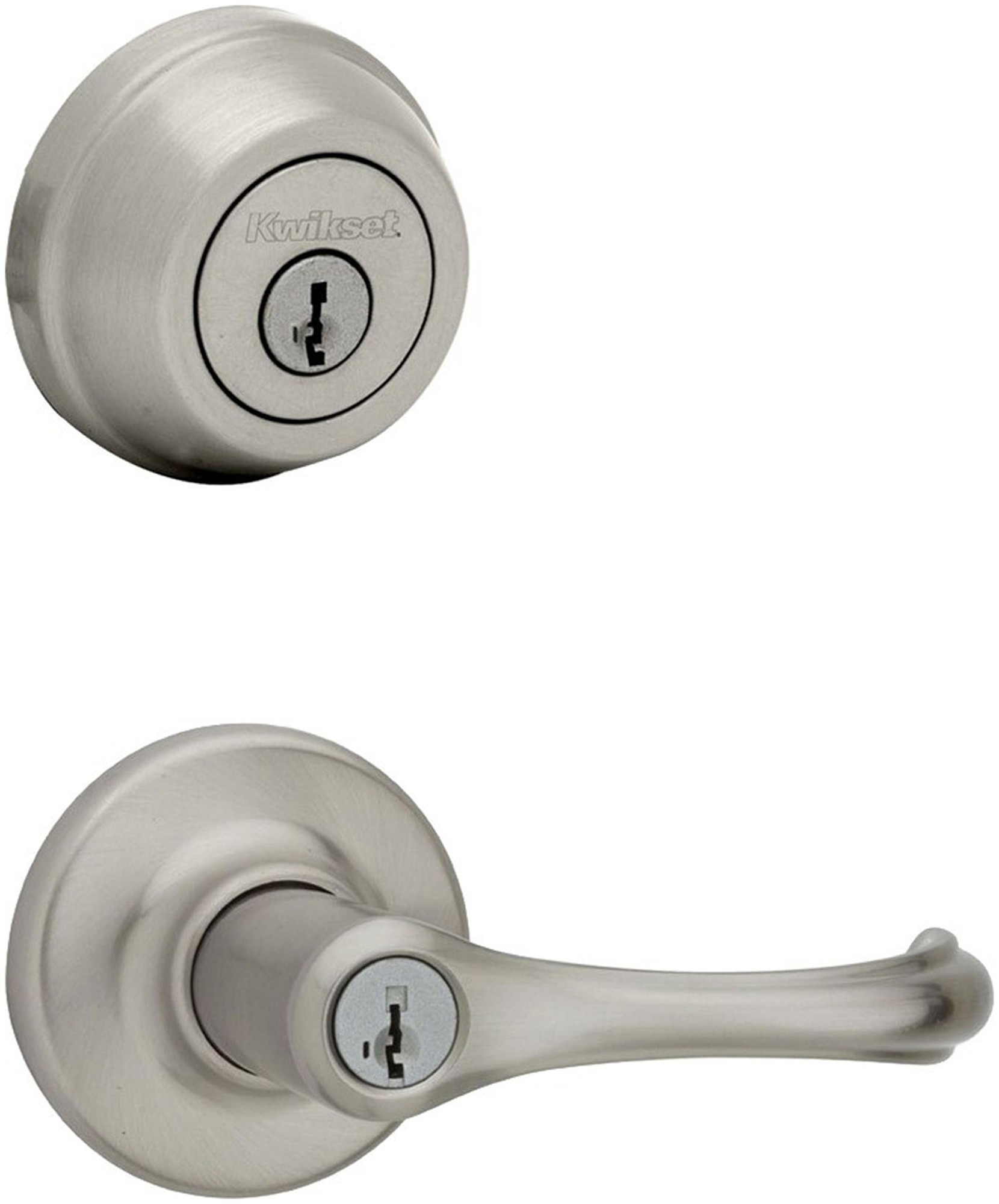 Kwikset 405DNL-780-S Dorian (Round Rosette) Lever and 780 Deadbolt Combo Pack with SmartKey Satin Nickel Door Hardware Door Lever Combo Packs Keyed
