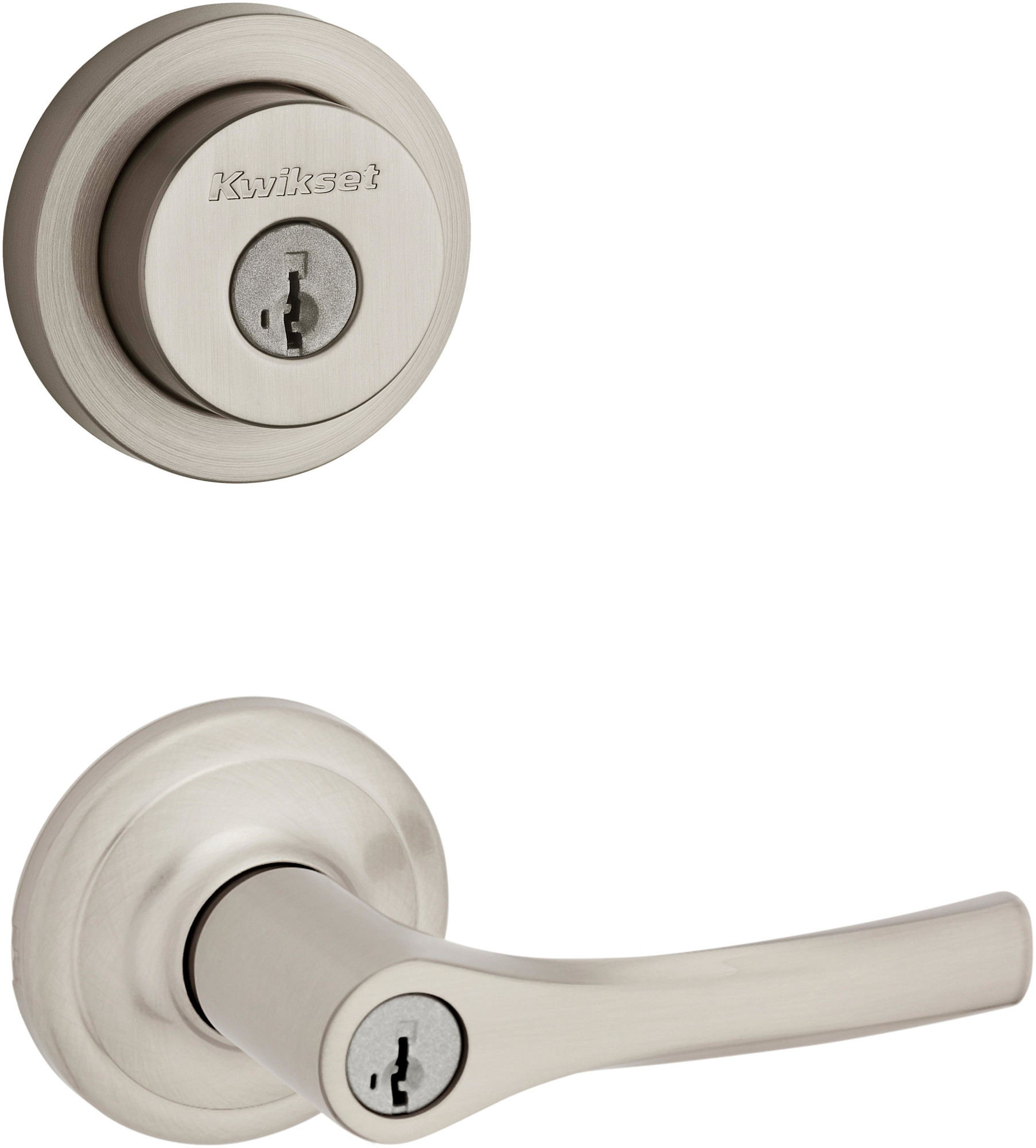 Kwikset 405HYL-158RDT-S Henley Single Cylinder Keyed Entry Lever Set and Milan Deadbolt Combo Pack with SmartKey Satin Nickel Door Hardware Door Lever