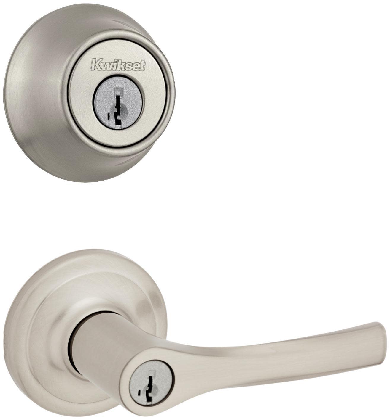 Kwikset 405HYL-660-S Henley Single Cylinder Keyed Entry Lever Set and 660 Series Deadbolt Combo Pack with SmartKey Satin Nickel Door Hardware Door