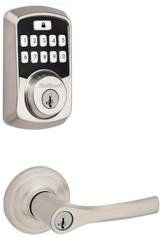Kwikset 405HYL-942BLE-S Henley Single Cylinder Lever Set and Aura Electronic Keypad Deadbolt Combo Pack with SmartKey Satin Nickel Door Hardware Door