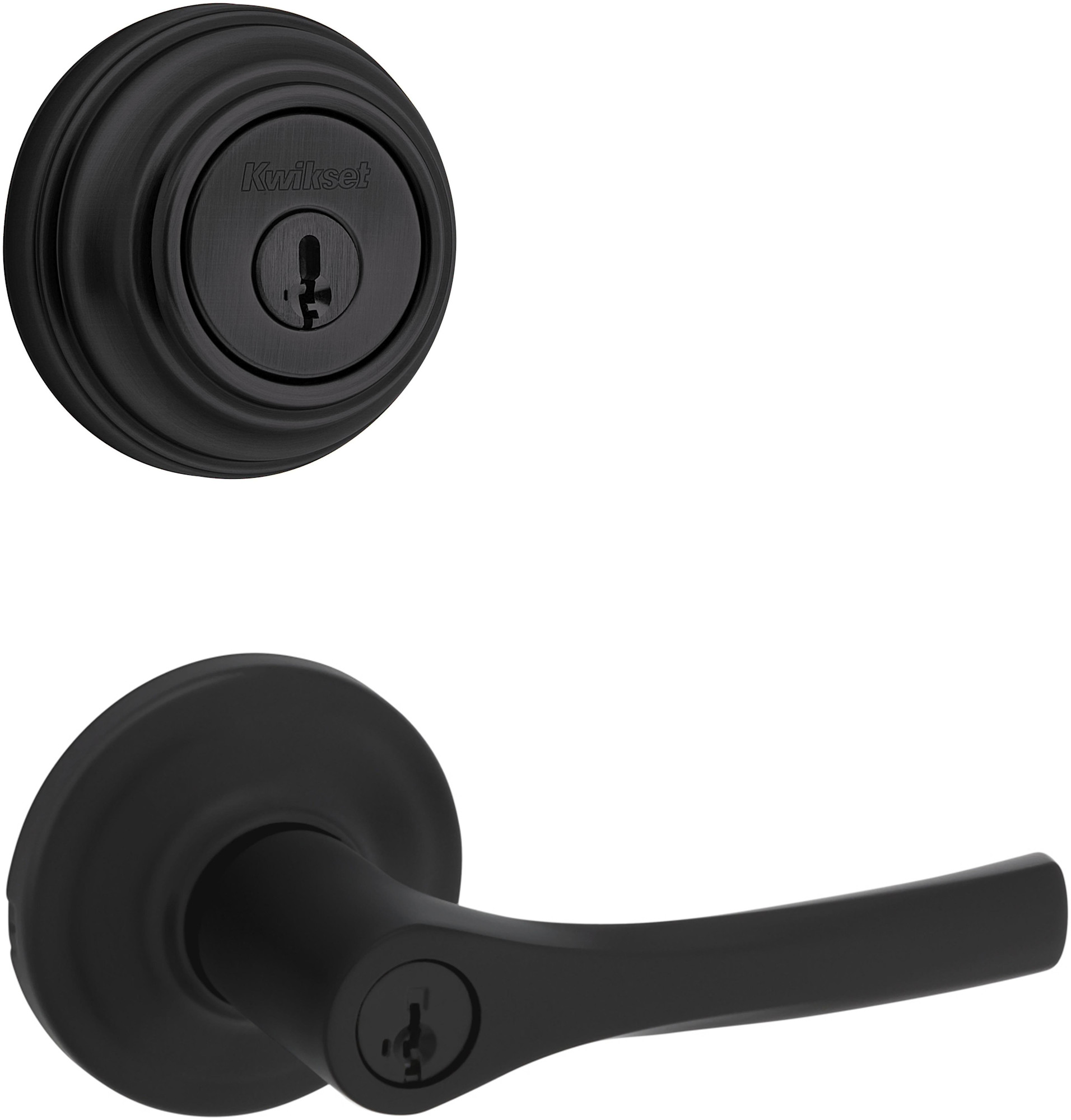 Kwikset 405HYL-980-S Henley Single Cylinder Keyed Entry Lever Set and 980 Series Deadbolt Combo Pack with SmartKey Matte Black Door Hardware Door
