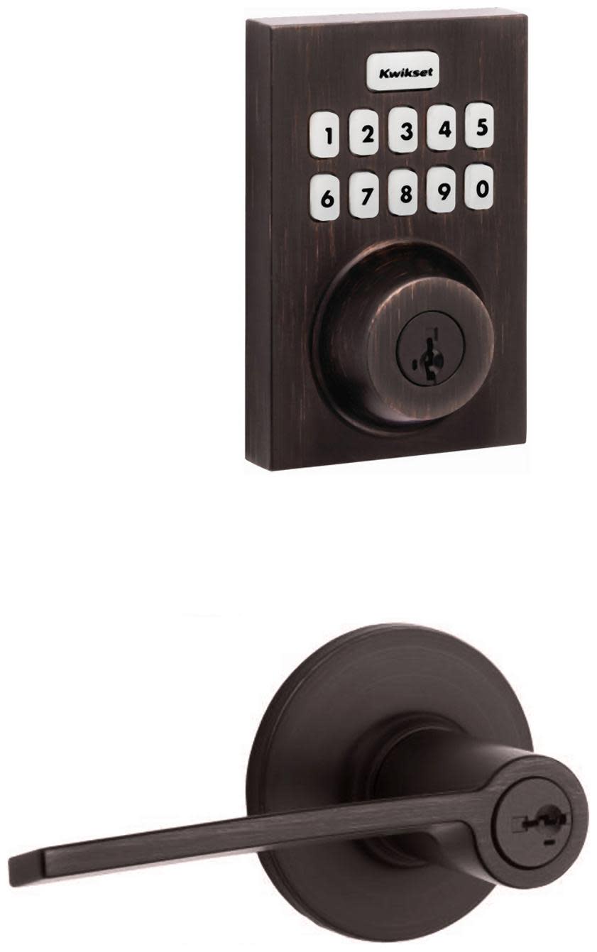 Kwikset 438PLLLH-620CNTZW700-S Palmina Keyed Entry Left Handed Lever Set and Electronic Keyless Entry Deadbolt Combo Pack with SmartKey from the Home