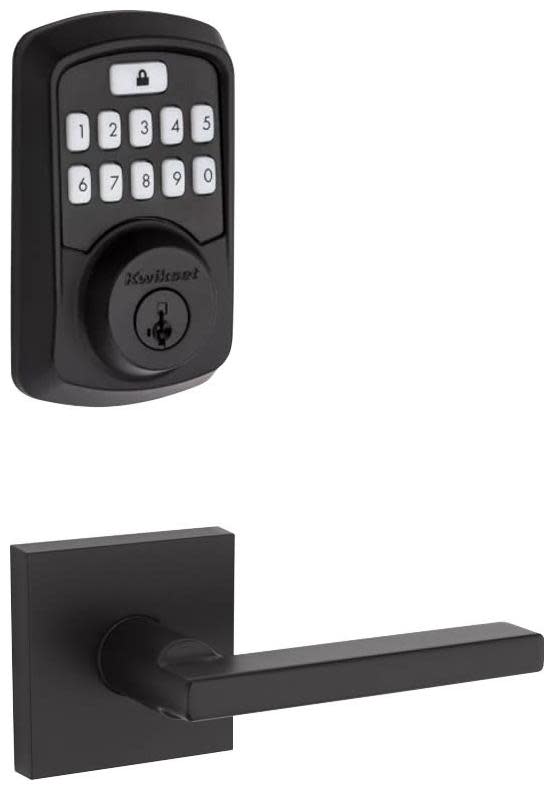 Kwikset 154HFLSQT-942BLE-S Halifax Passage Lever and 942 Aura Keypad Deadbolt Combo Pack with SmartKey and Bluetooth Technology Matte Black Door