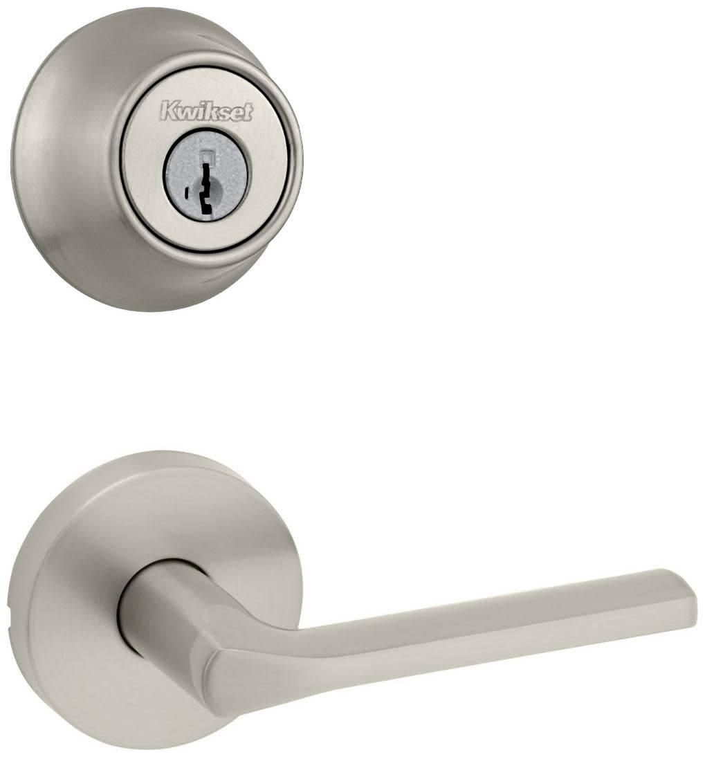 Kwikset 720LSLRDT-660-S Lisbon Passage Lever Set and Single Cylinder Keyed Entry Deadbolt Combo with SmartKey from the 660 Series Satin Nickel Door