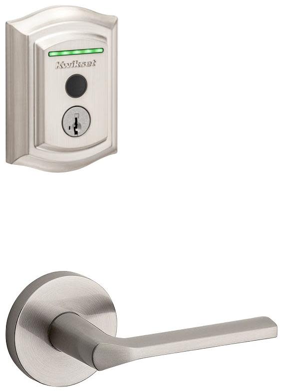 Kwikset 154LSLRDT-959TRLFPRT-S Lisbon Passage Lever and 959 Fingerprint Traditional Halo WiFi Enabled Deadbolt Combo Pack with SmartKey Satin Nickel