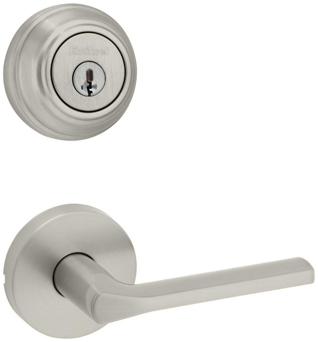 Kwikset 720LSLRDT-980-S Lisbon Passage Lever Set and Single Cylinder Keyed Entry Deadbolt Combo with SmartKey from the 980 Series Satin Nickel Door