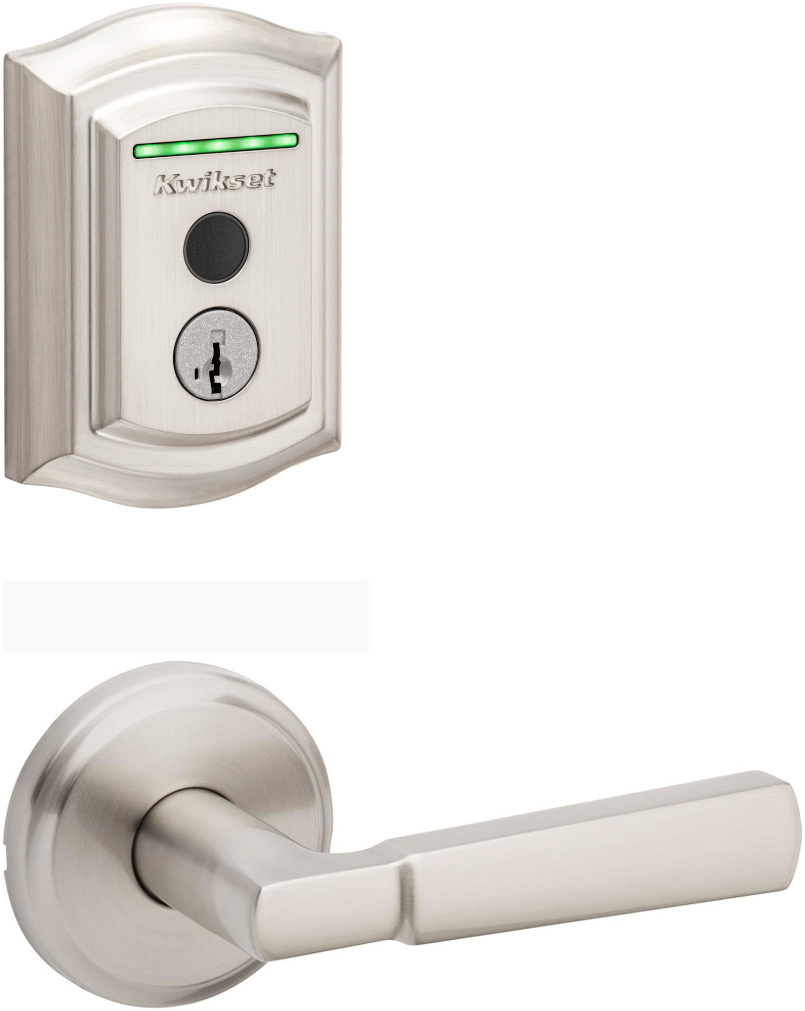 Kwikset 720PHL-959TRLFPRT-S Perth Passage Lever Set and Halo Electronic Fingerprint Deadbolt Combo Pack with SmartKey Satin Nickel Door Hardware Door